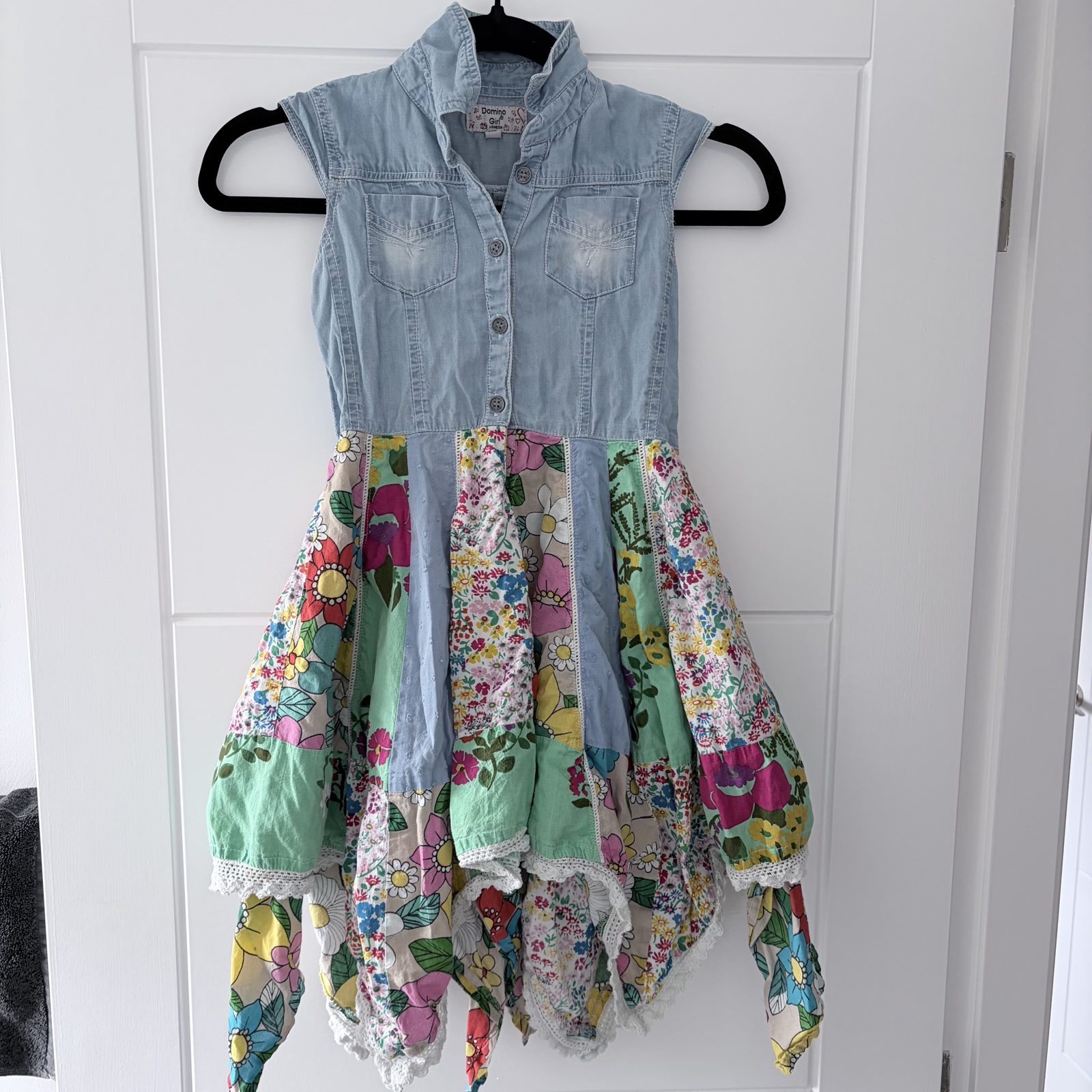 Denny Rose Girls Denim & Floral Cotton Dress 6-7 Yrs Multicolour