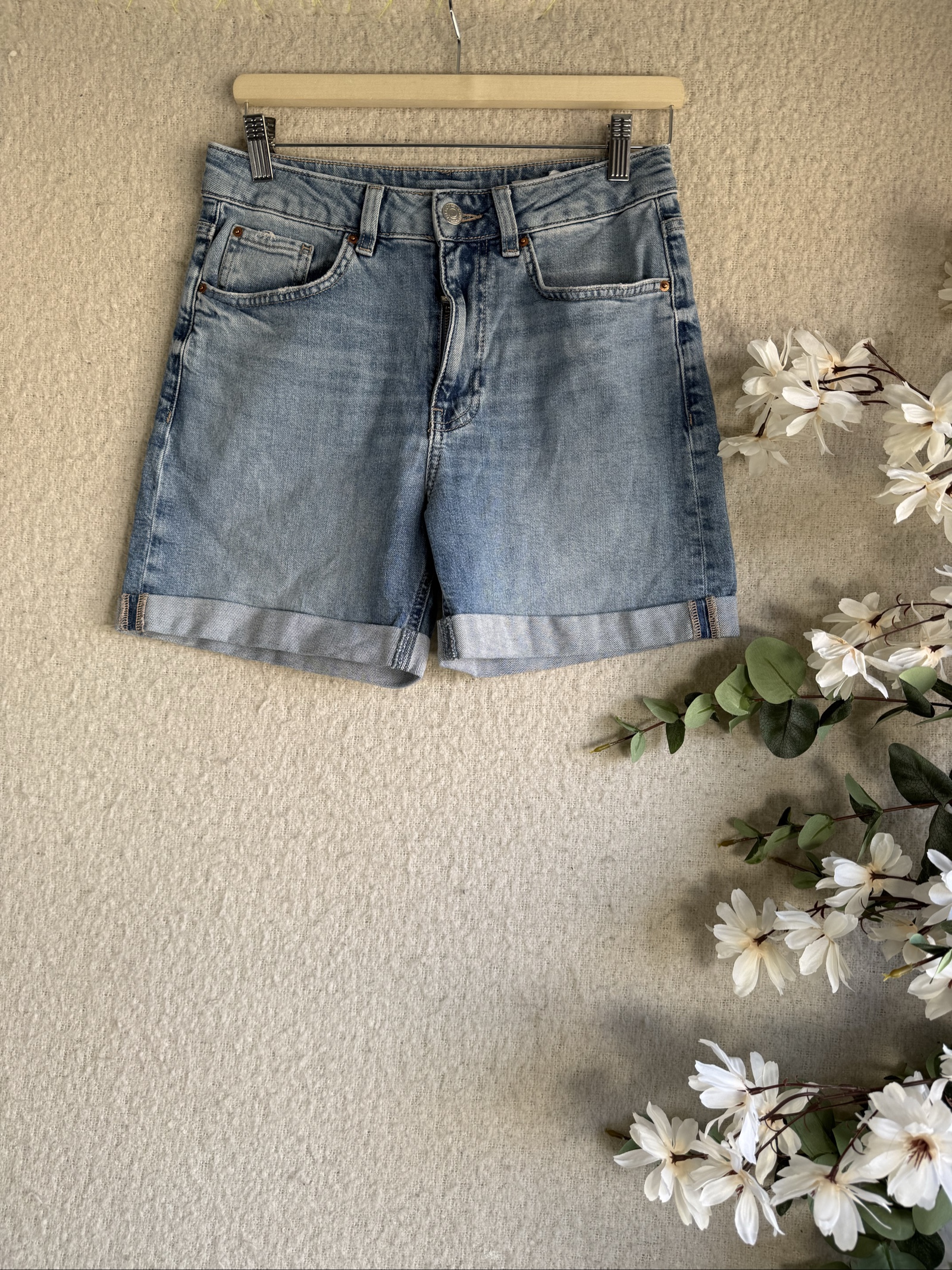 M&S Blue Boyfriend Denim Shorts Size 8 Casual Summer Rolled Hem Shorts