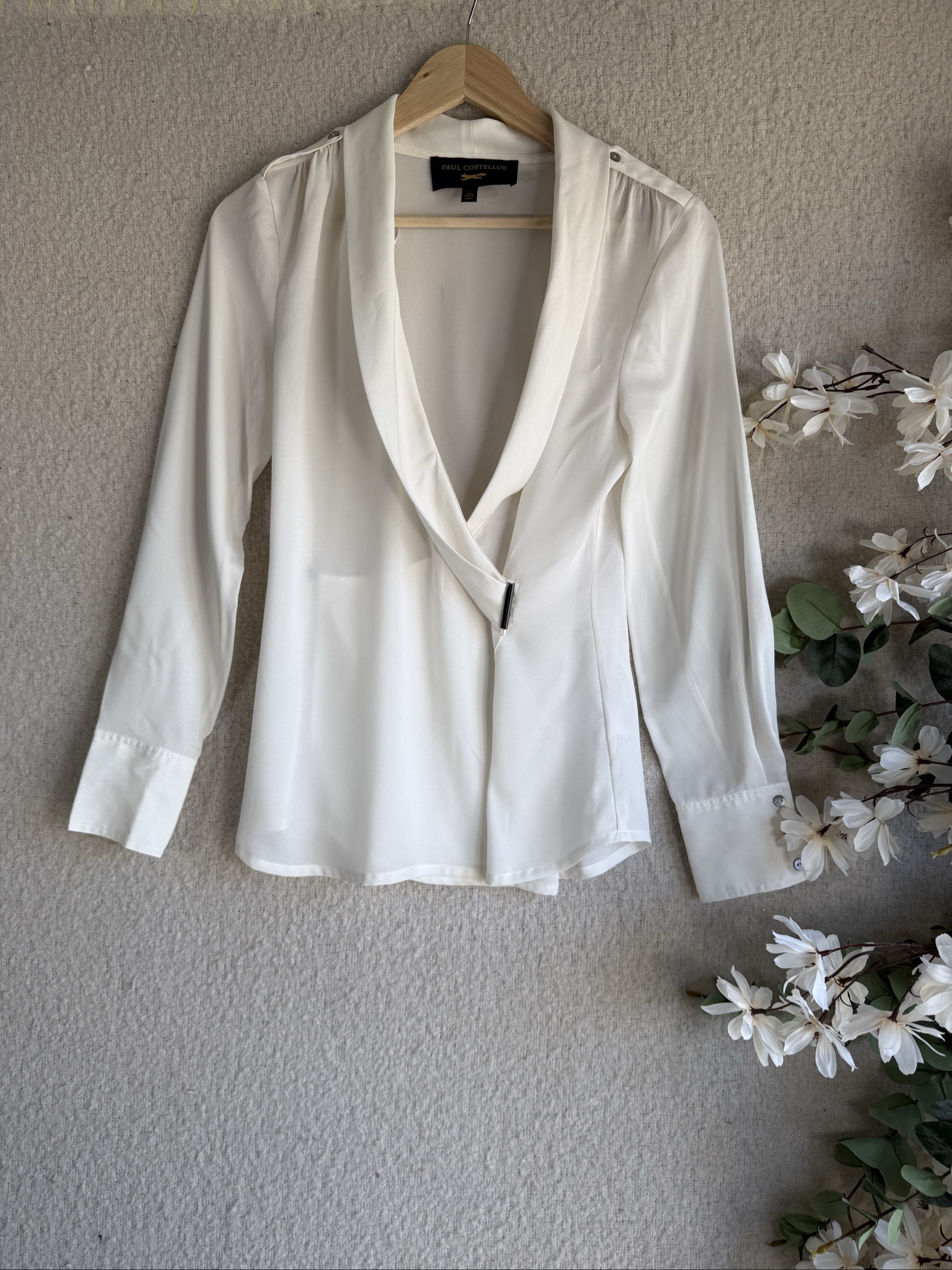 Paul Costelloe Cream Blouse Small Elegant Long Sleeve Occasion Shirt