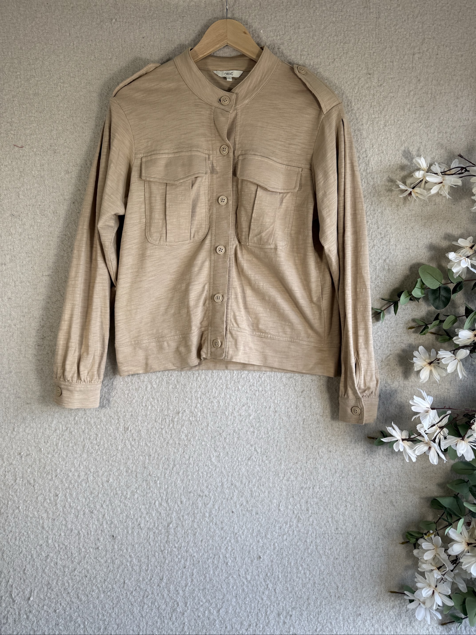 Next Beige Button-Up Military Style Shirt Size 10 Light Cotton Casual