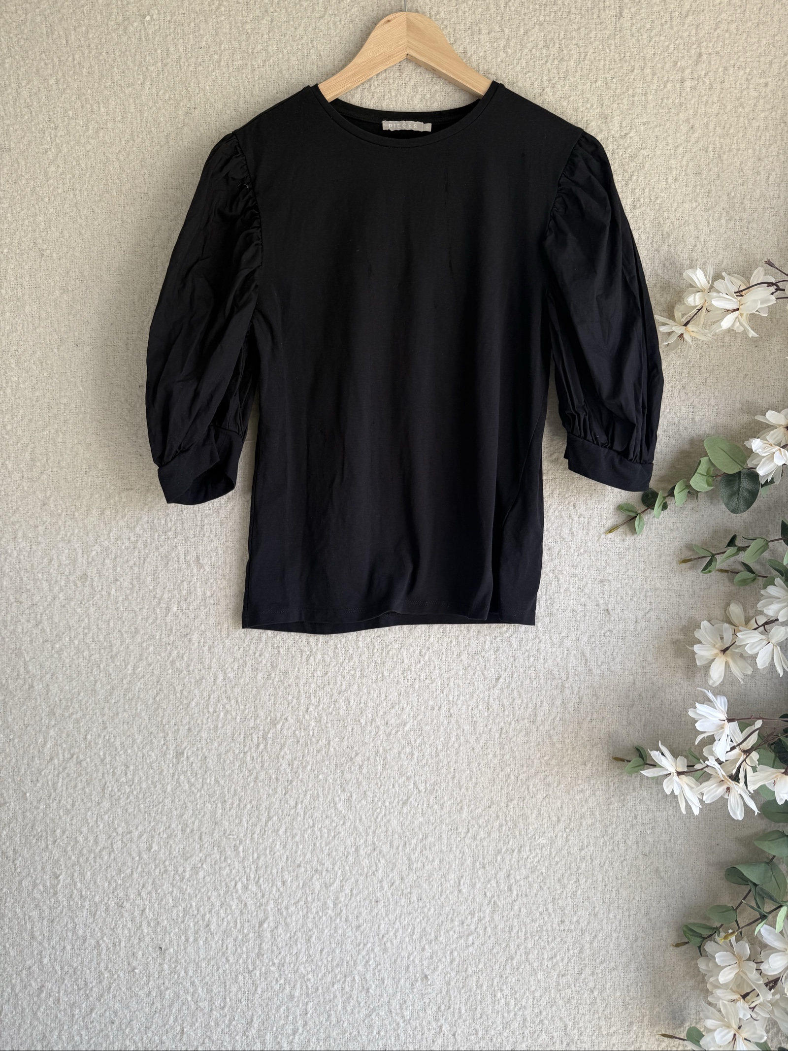 Pieces Black Puff Sleeve Top XL Stylish Casual Shirt Sleeve Pullover