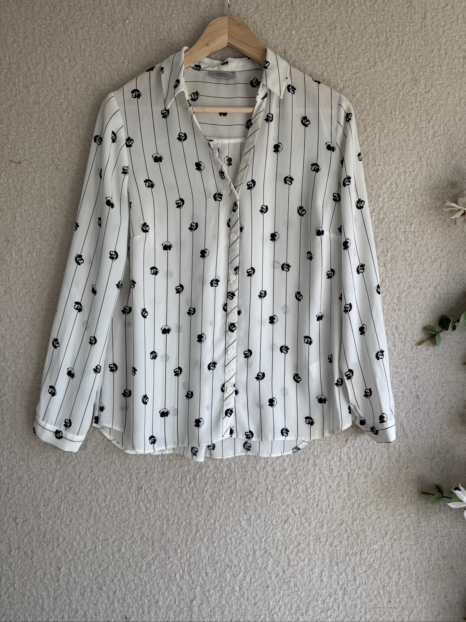 Papaya White & Black Floral Stripe Shirt Blouse Size 14 Elegant Casual Top