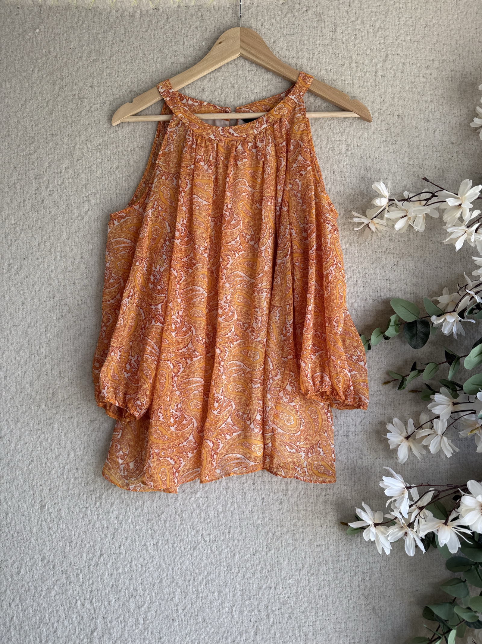 F&F Orange Paisley Print Cold Shoulder Top Size 18 Lightweight Summer Blouse