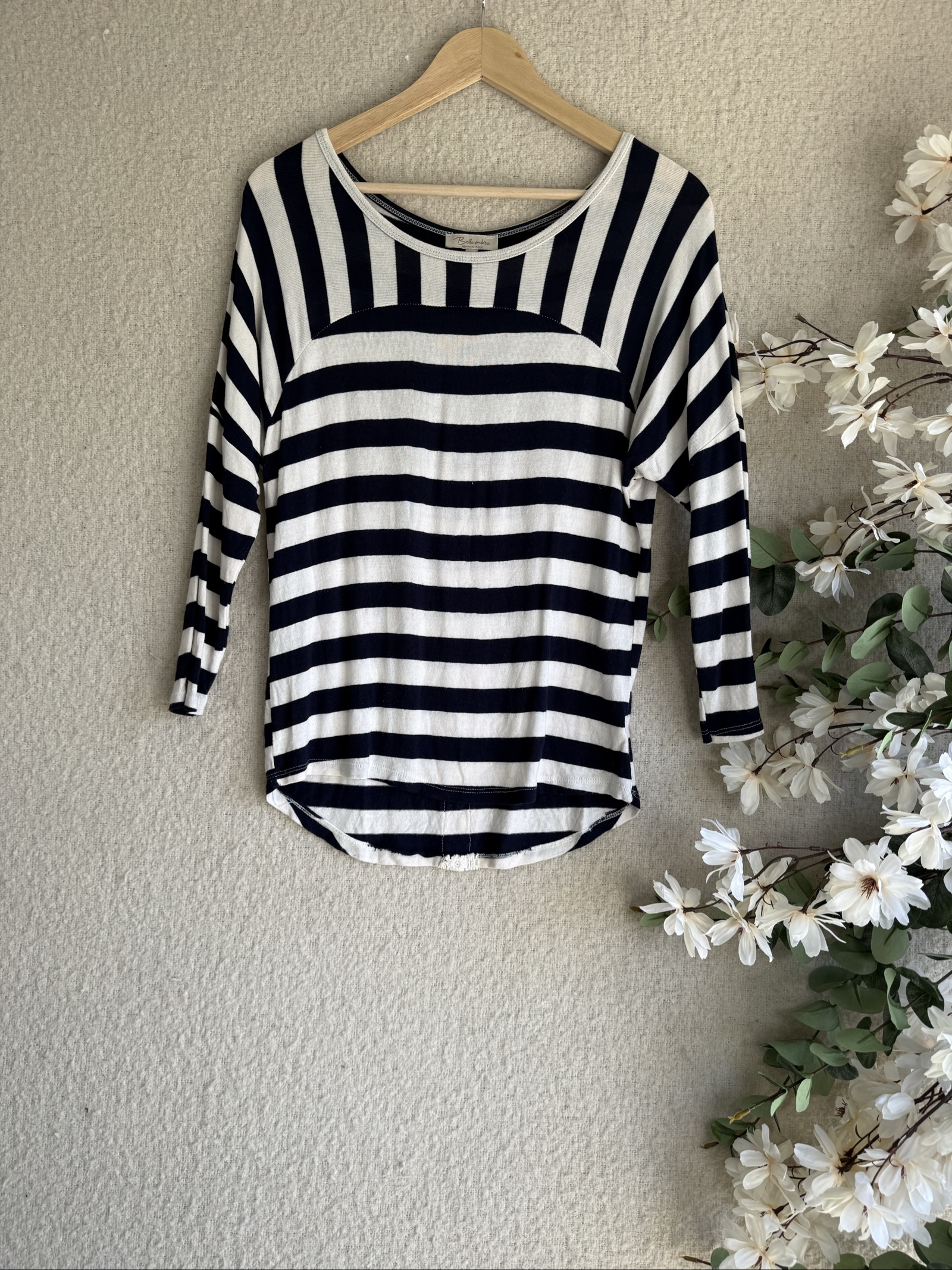 Bellambra Navy & White Striped 3/4 Sleeve Top Medium Relaxed Fit