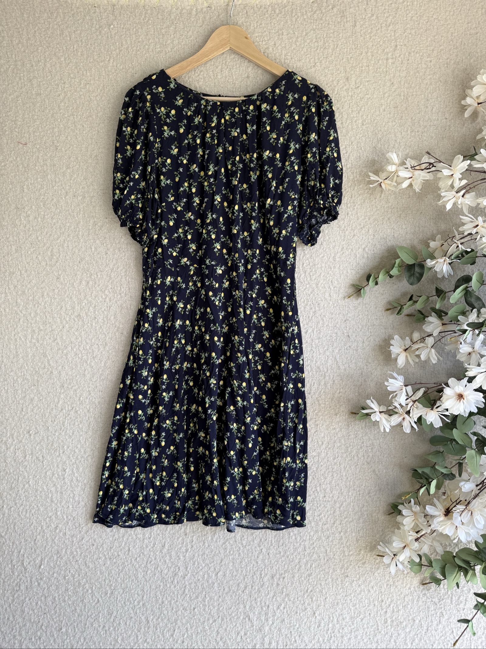 Billie & Blossom Navy Lemon Floral Midi Dress Size 16 UK Summer Casual Chic
