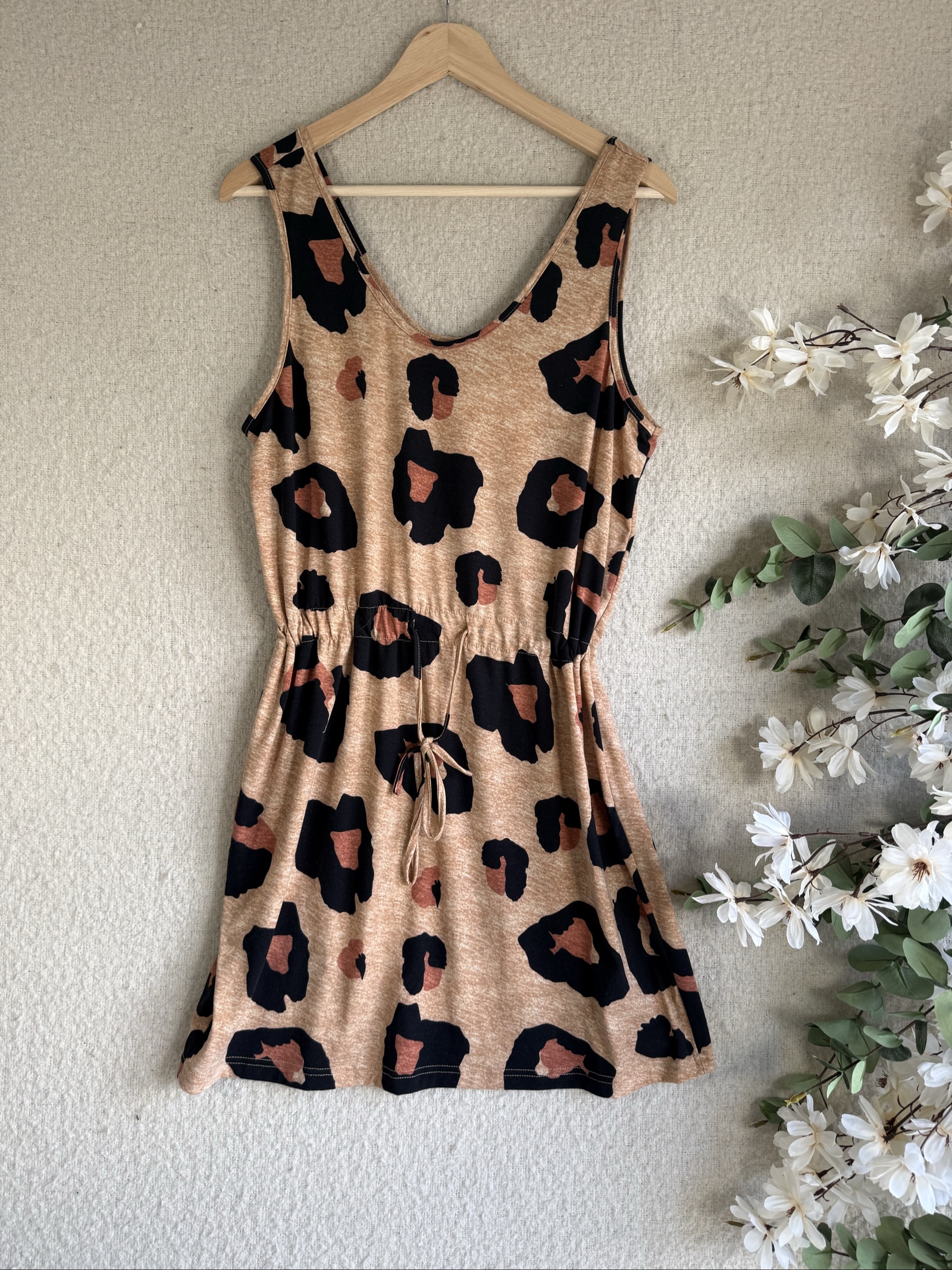 SHEIN Beige & Black Leopard Print Sleeveless Dress XL 12 Tie Waist Casual