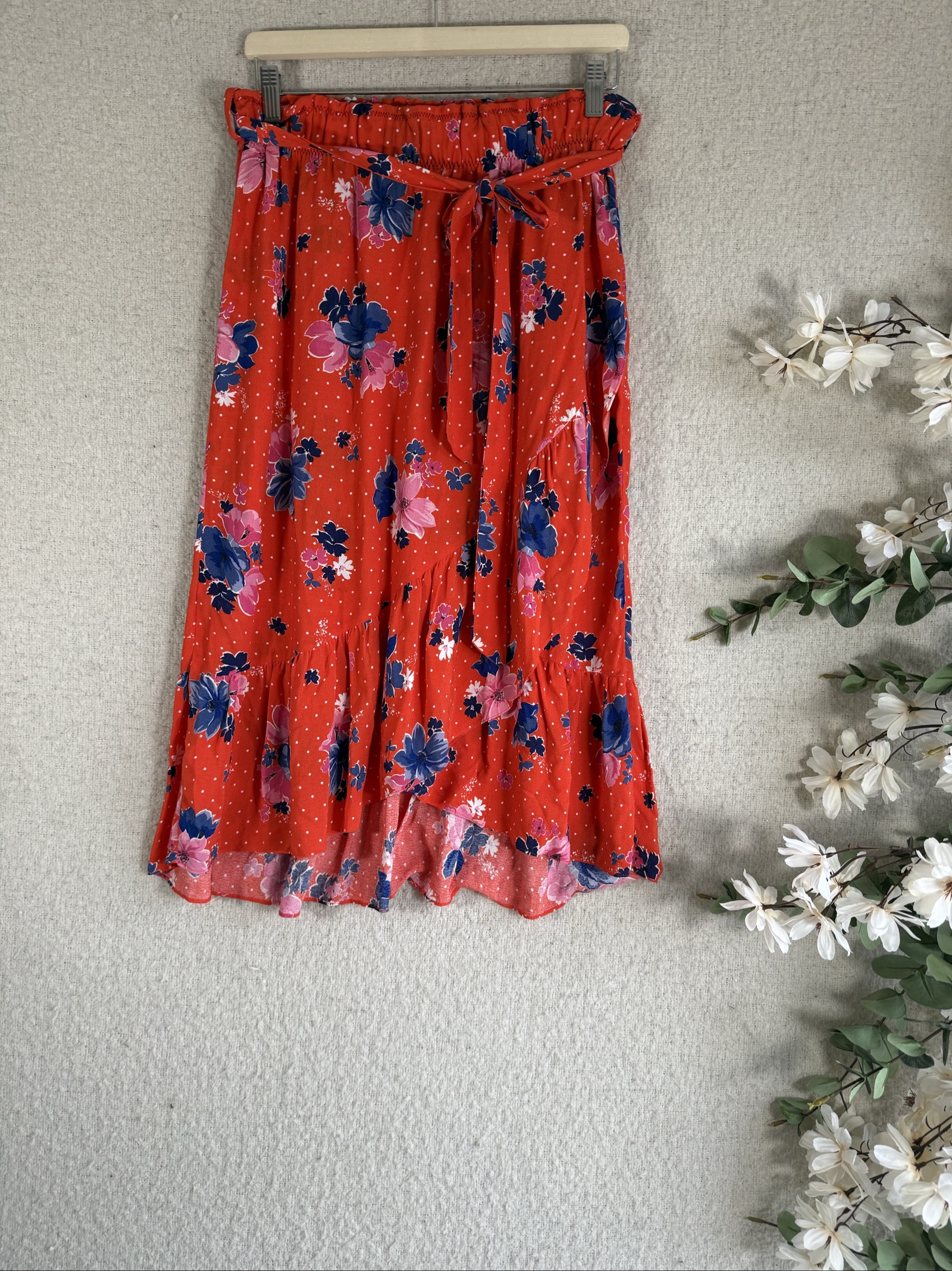 Red Floral Print Midi Skirt Size 12 Belted Summer Casual Chic Style