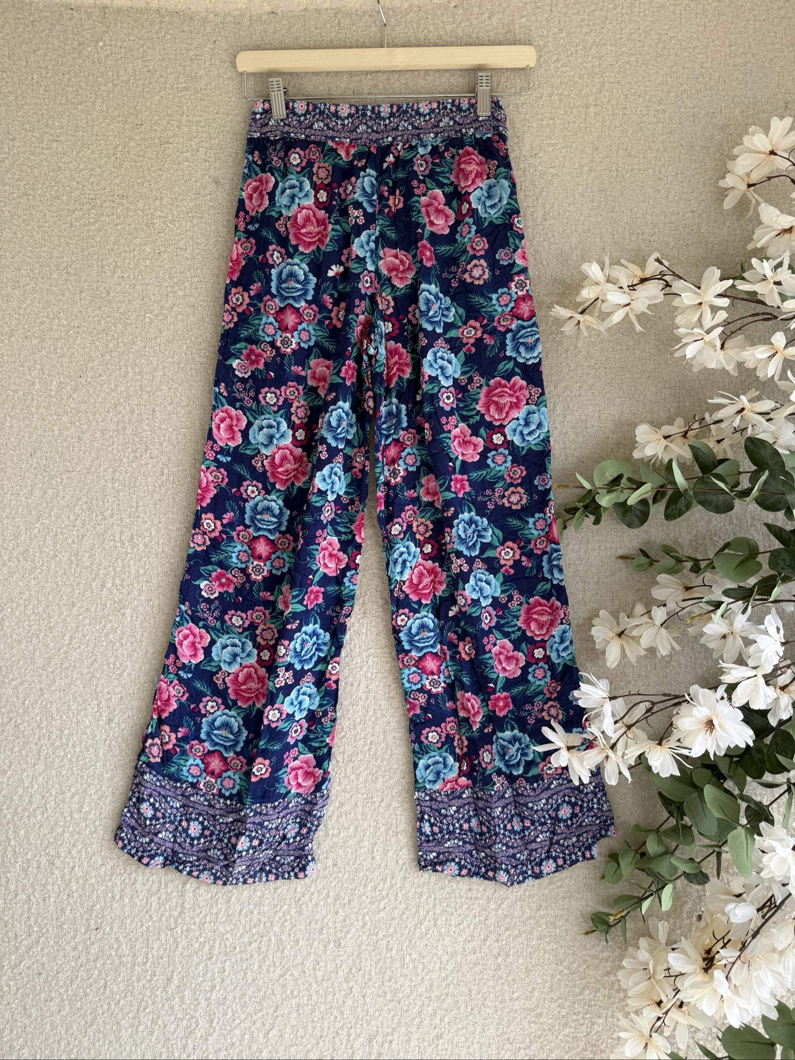 Marks & Spencer Blue Mix Floral Print Wide Leg Viscose Trousers Size 6 UK 6