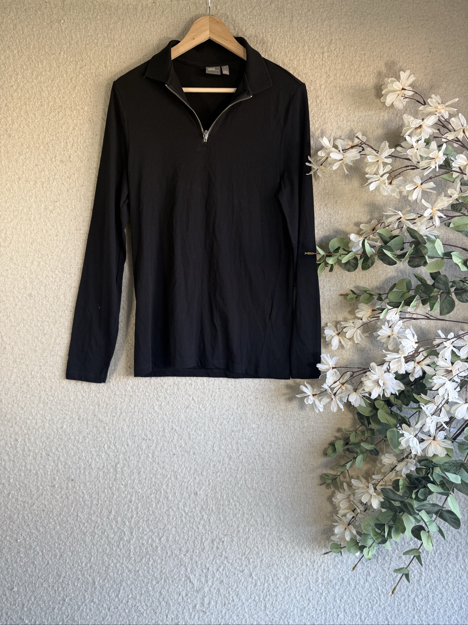 ASOS Black Organic Cotton Half Zip Long Sleeve Top Small Casual Chic