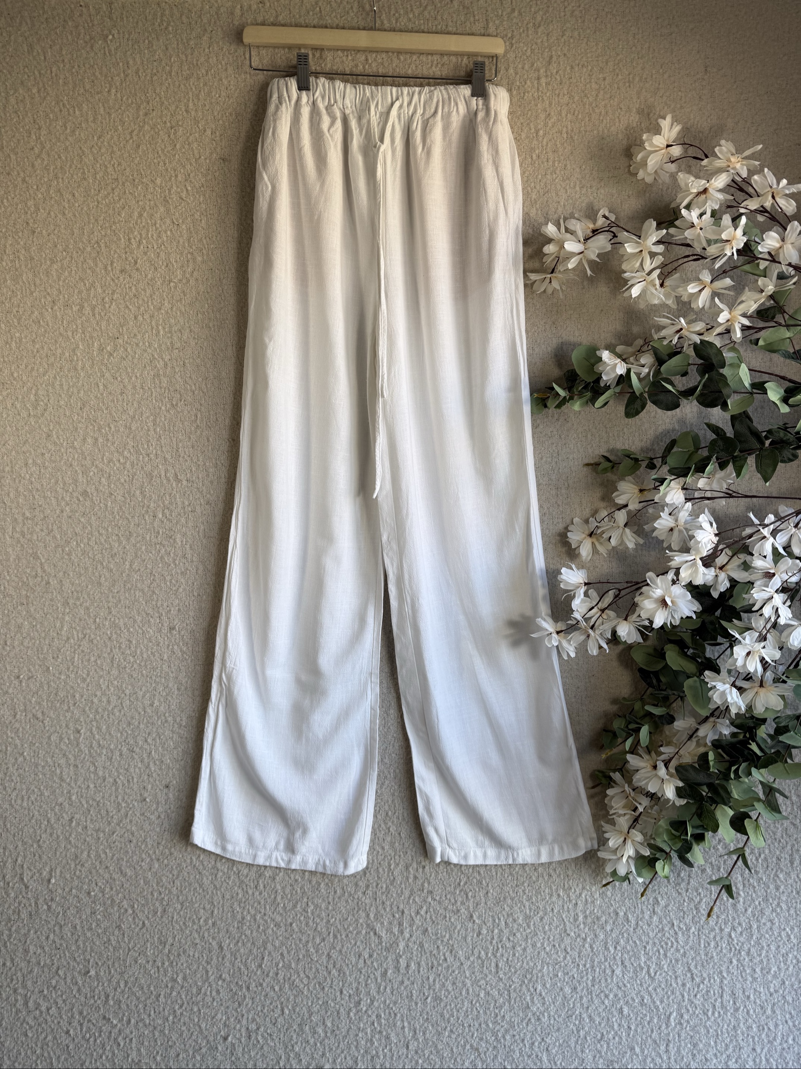 NA-KD White Linen Blend Relaxed Wide Leg Trousers Size 34 Casual Summer Chic