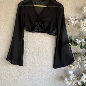 Boohoo Black Sheer Mesh Cropped Top Medium with Bell Sleeves Partywear