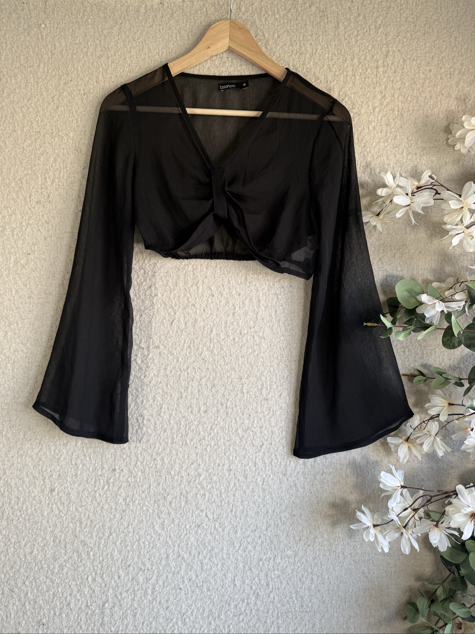 Boohoo Black Sheer Mesh Cropped Top Medium with Bell Sleeves Partywear