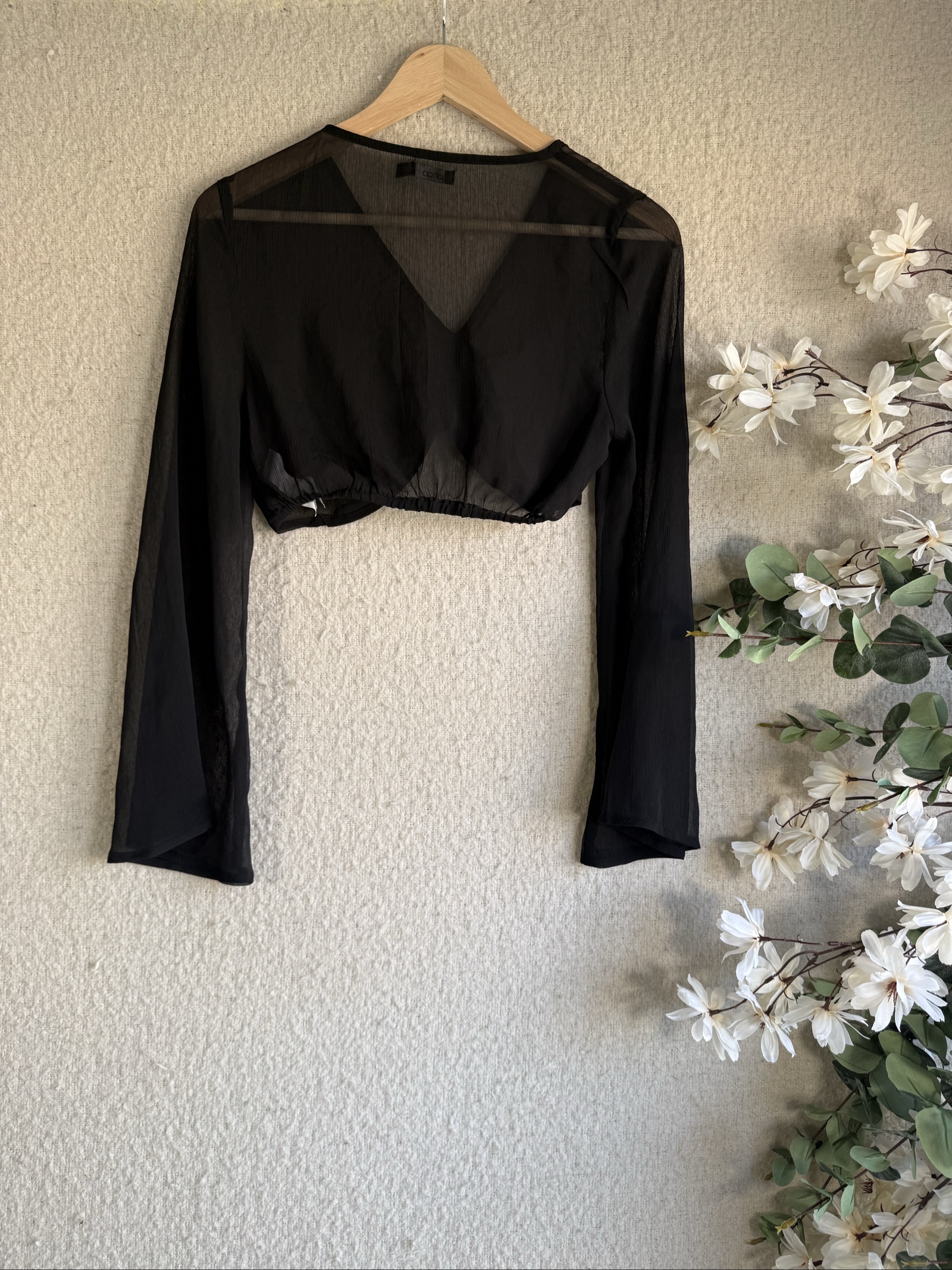 Boohoo Black Sheer Mesh Cropped Top Medium with Bell Sleeves Partywear