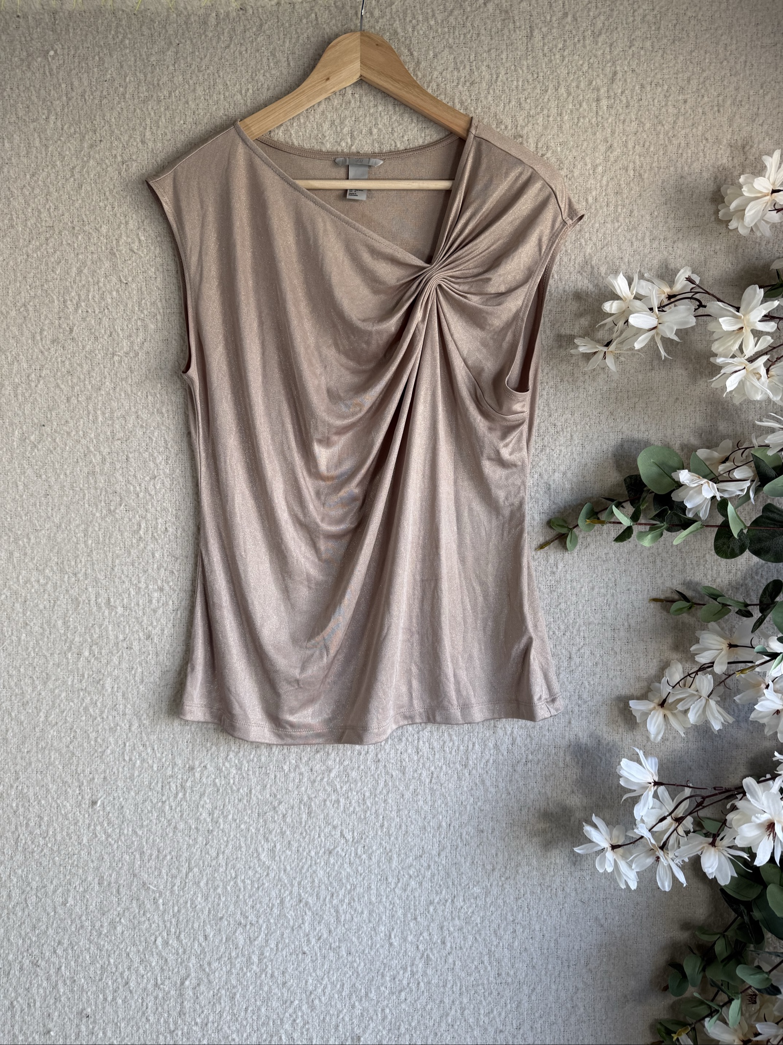 H&M Beige Drape Front Sleeveless Top Large Chic Casual Summer Layered Look