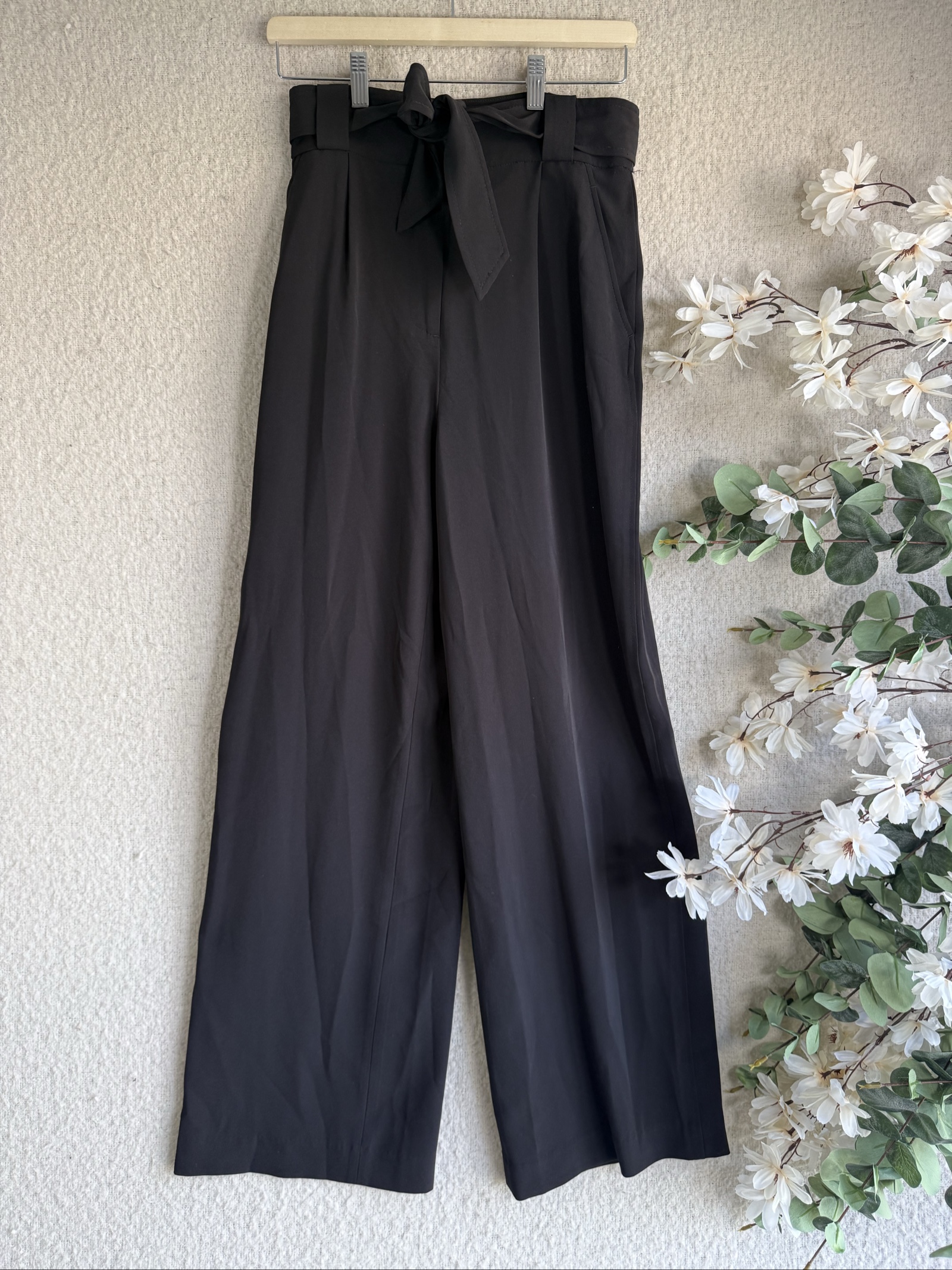 H&M Black Wide Leg Paperbag Trousers Size 10 Polyester Blend Chic
