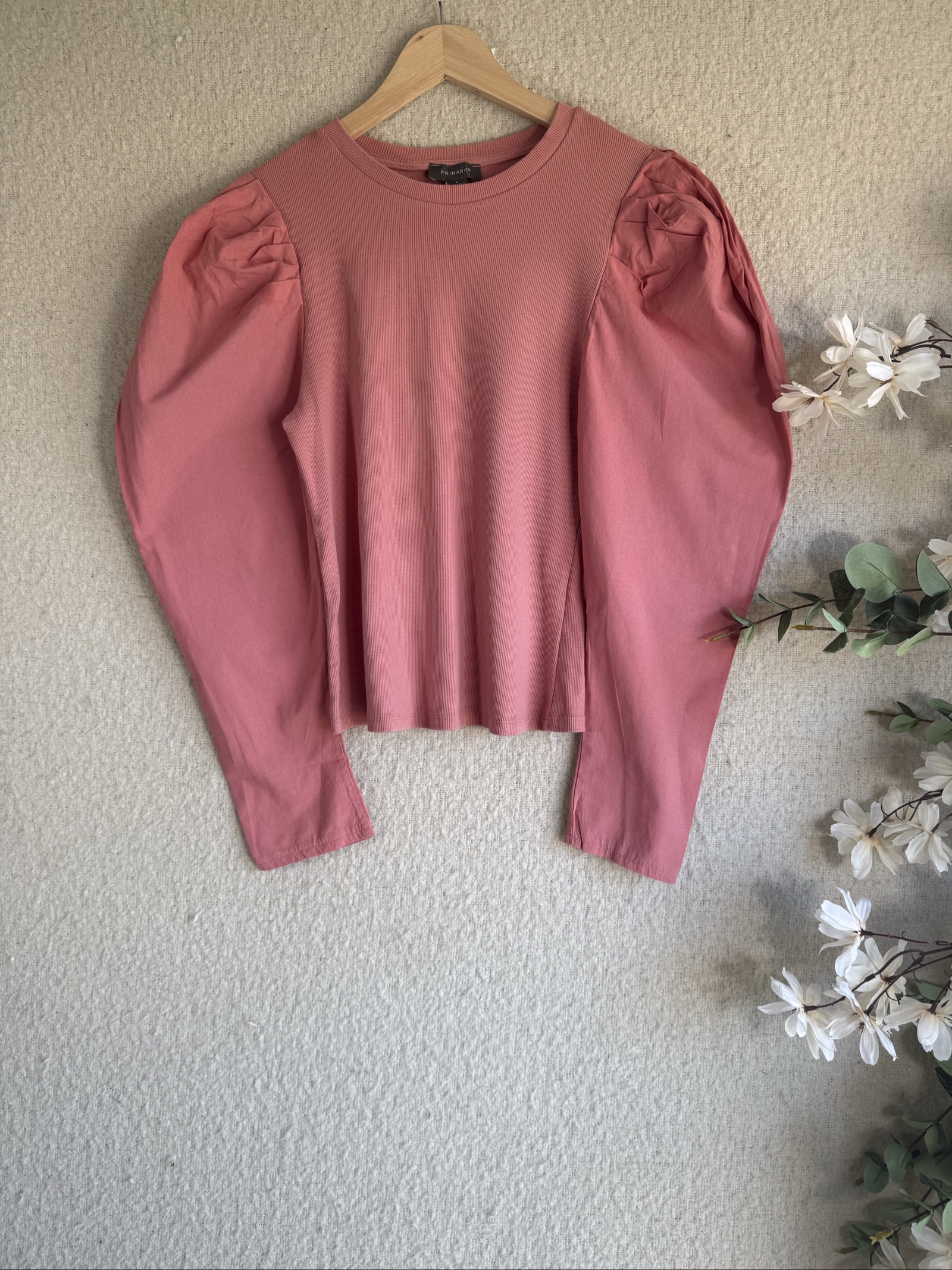 Primark Pink Puff Sleeve Ribbed Top Medium Stylish Everyday Casual Shirt