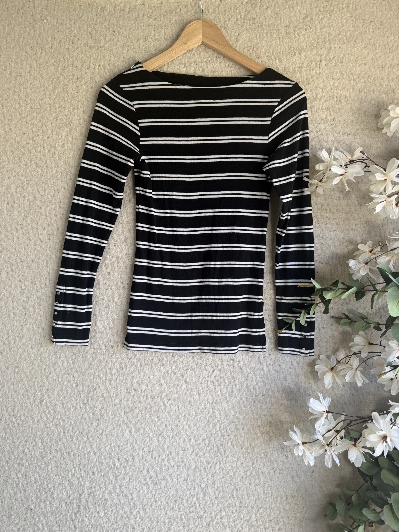 F&F Black & White Striped Women's Long Sleeve Sustainable Cotton Top Size 10