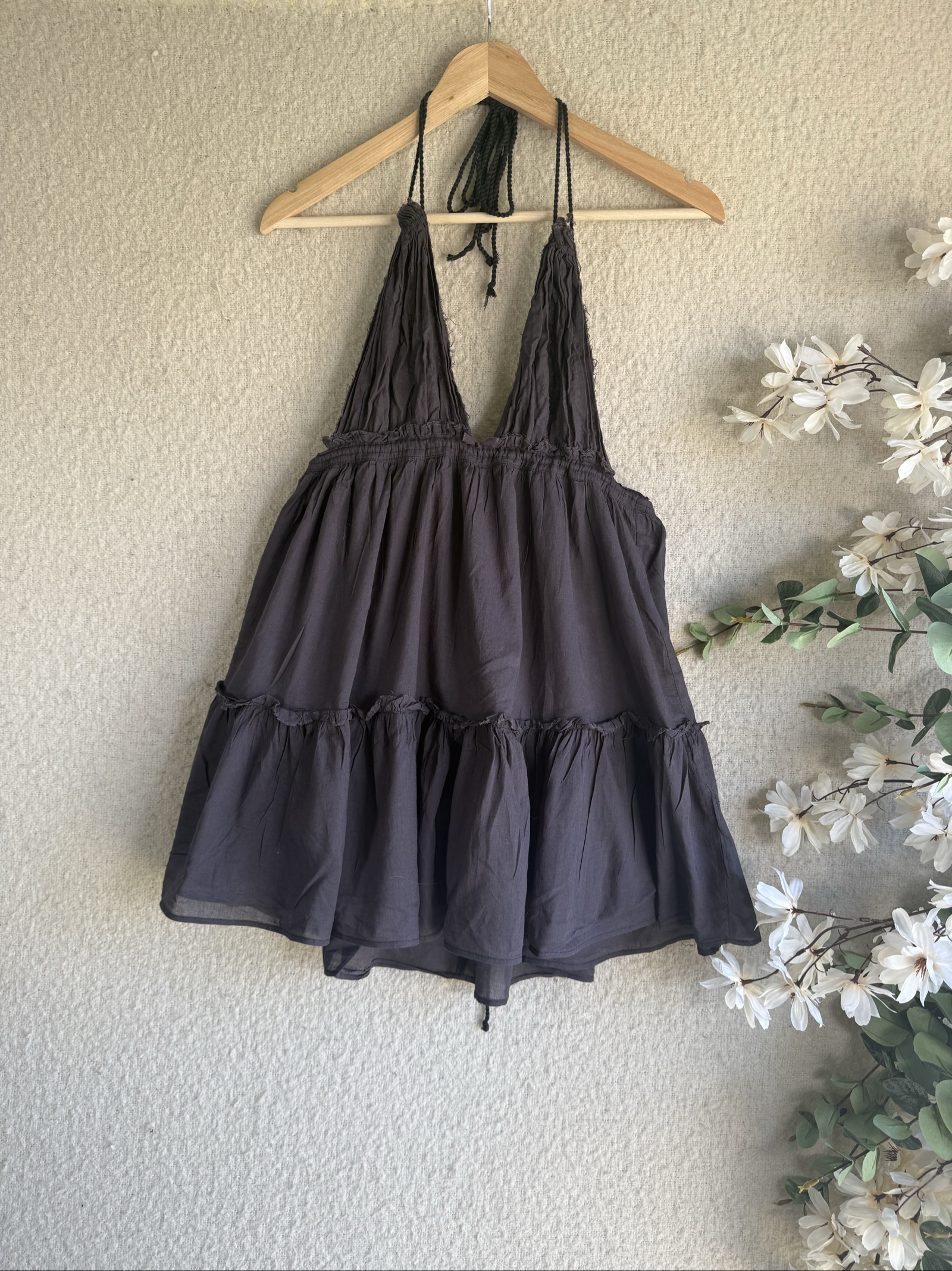 Mango Grey Cotton Halter Neck Summer Dress Size S Boho Casual Chic