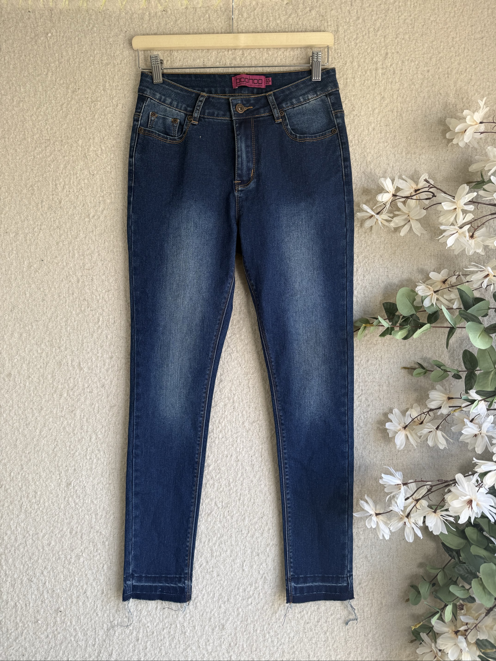 Boohoo Blue Washed Skinny Jeans UK 10 Distressed Hem Casual Denim Trousers