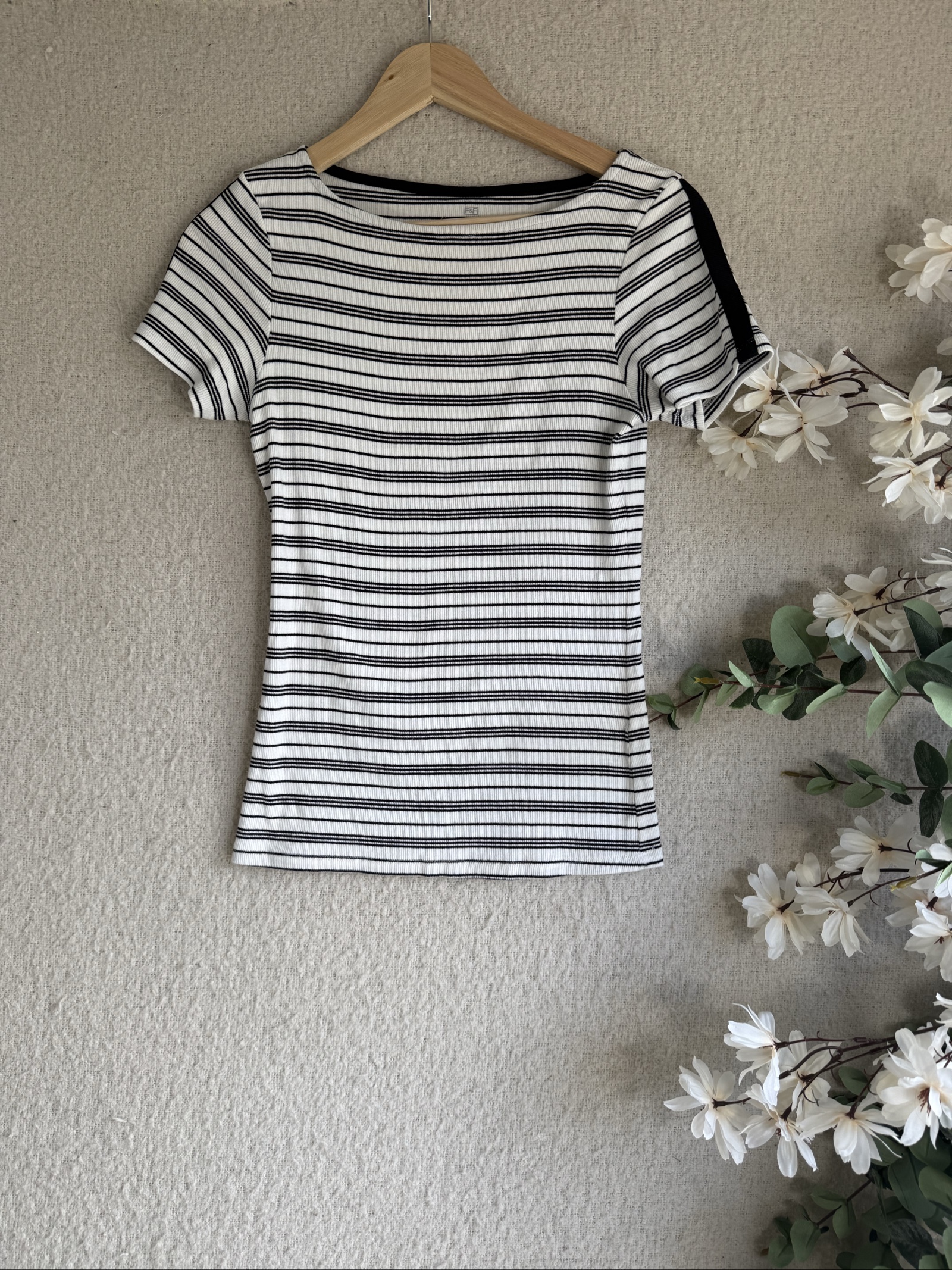 F&F Black & White Striped Ribbed T-Shirt Size 10 Casual Summer Short Sleeve Top