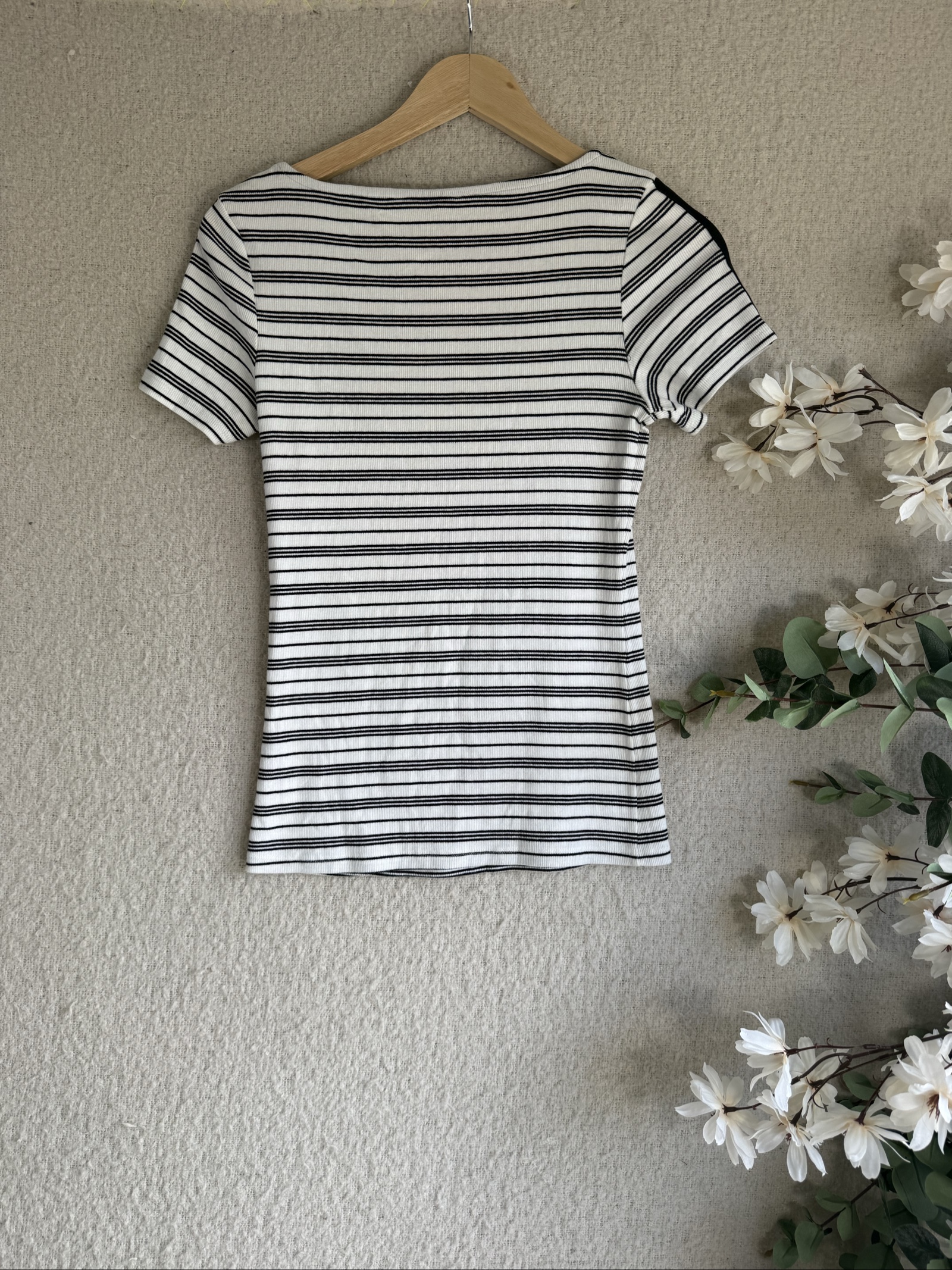 F&F Black & White Striped Ribbed T-Shirt Size 10 Casual Summer Short Sleeve Top