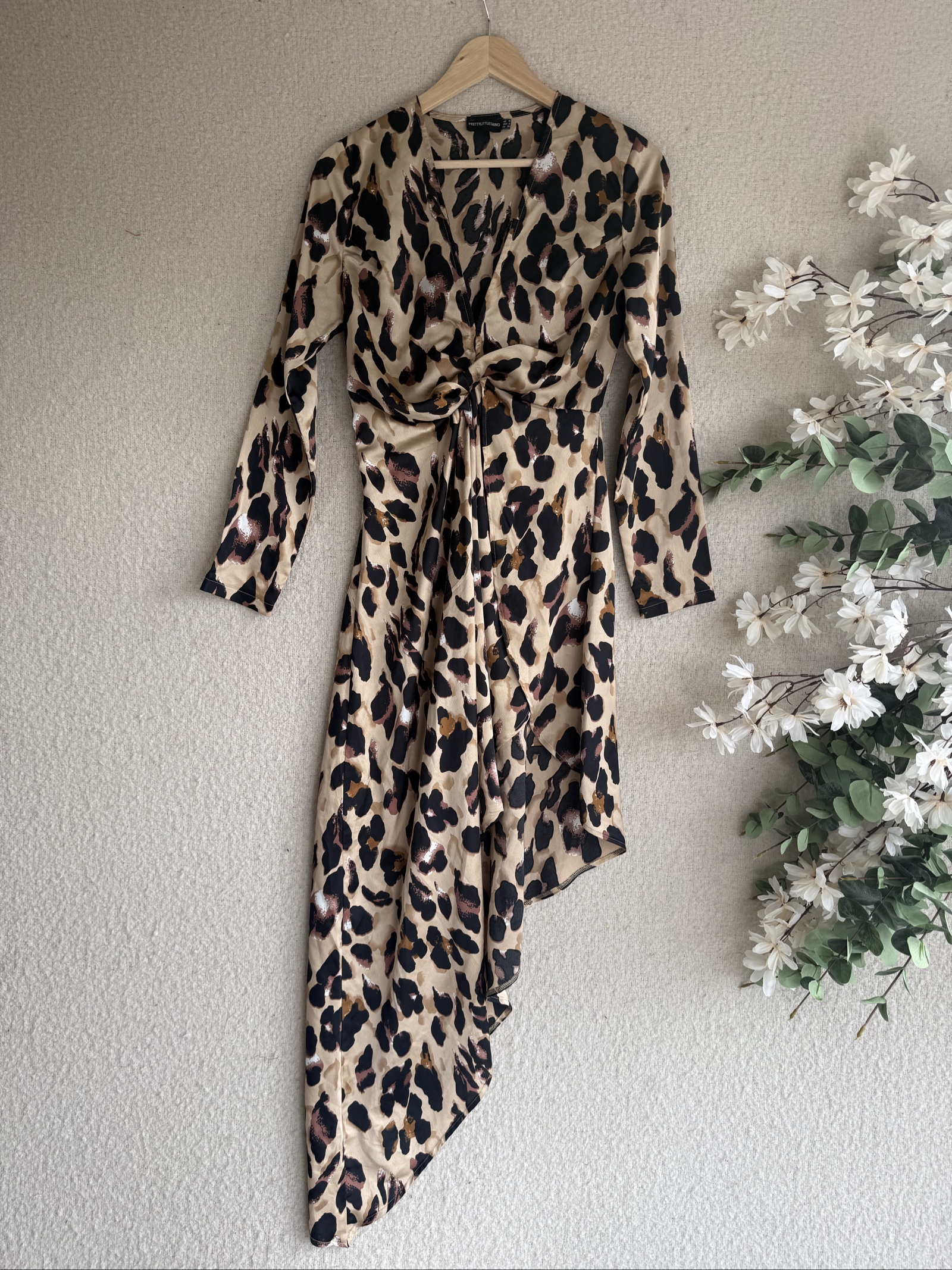 PrettyLittleThing Beige Brown Black Leopard Print Asymmetric Midi Dress 10
