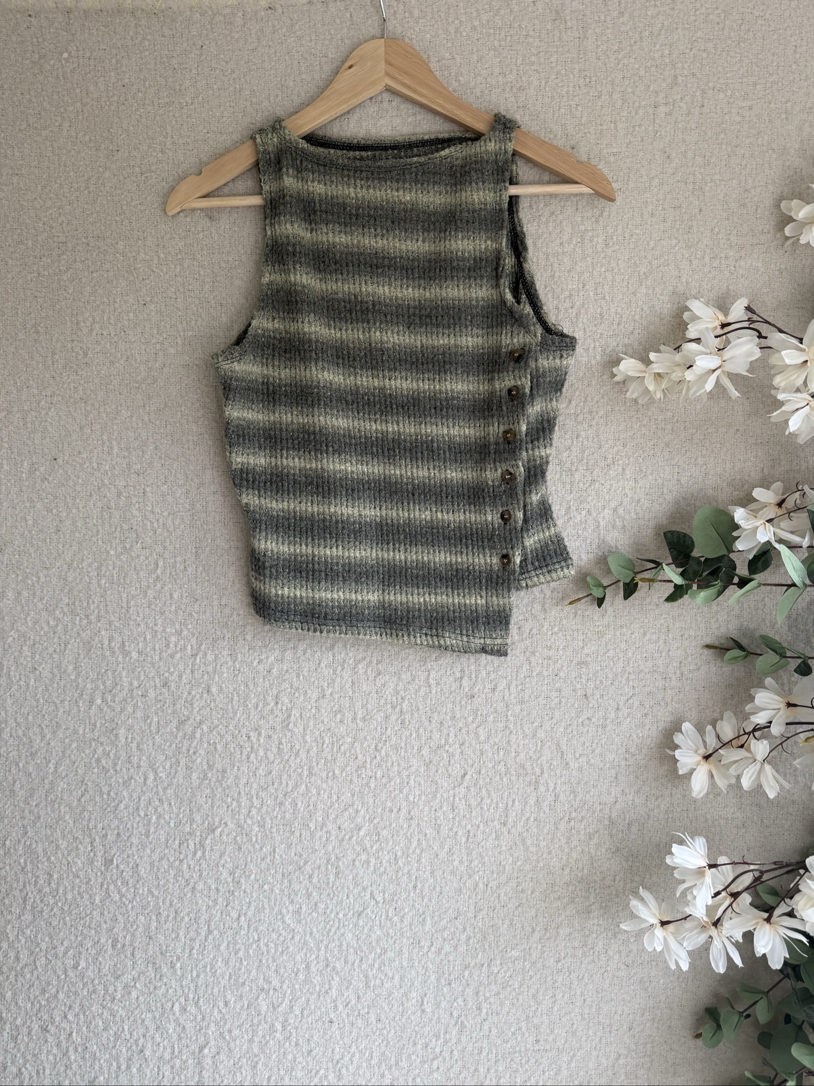 Poeselle Grey & Beige Stripe Knit Sleeveless Top Large Asymmetric Button Detail