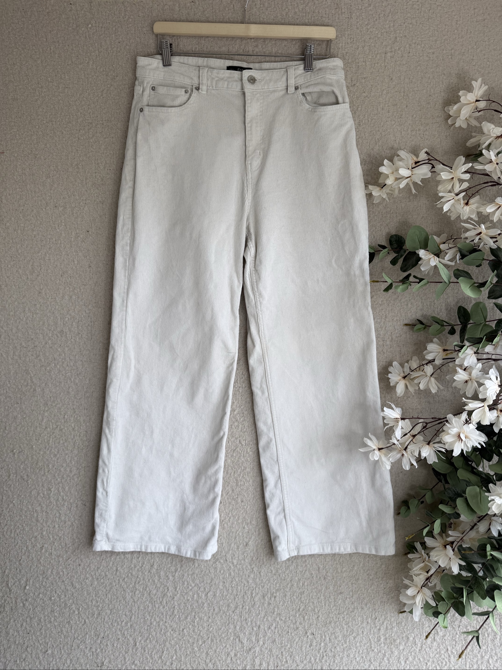 F&F Cream Corduroy Wide Leg Trousers Size 14 UK 42 EUR Classic Casual