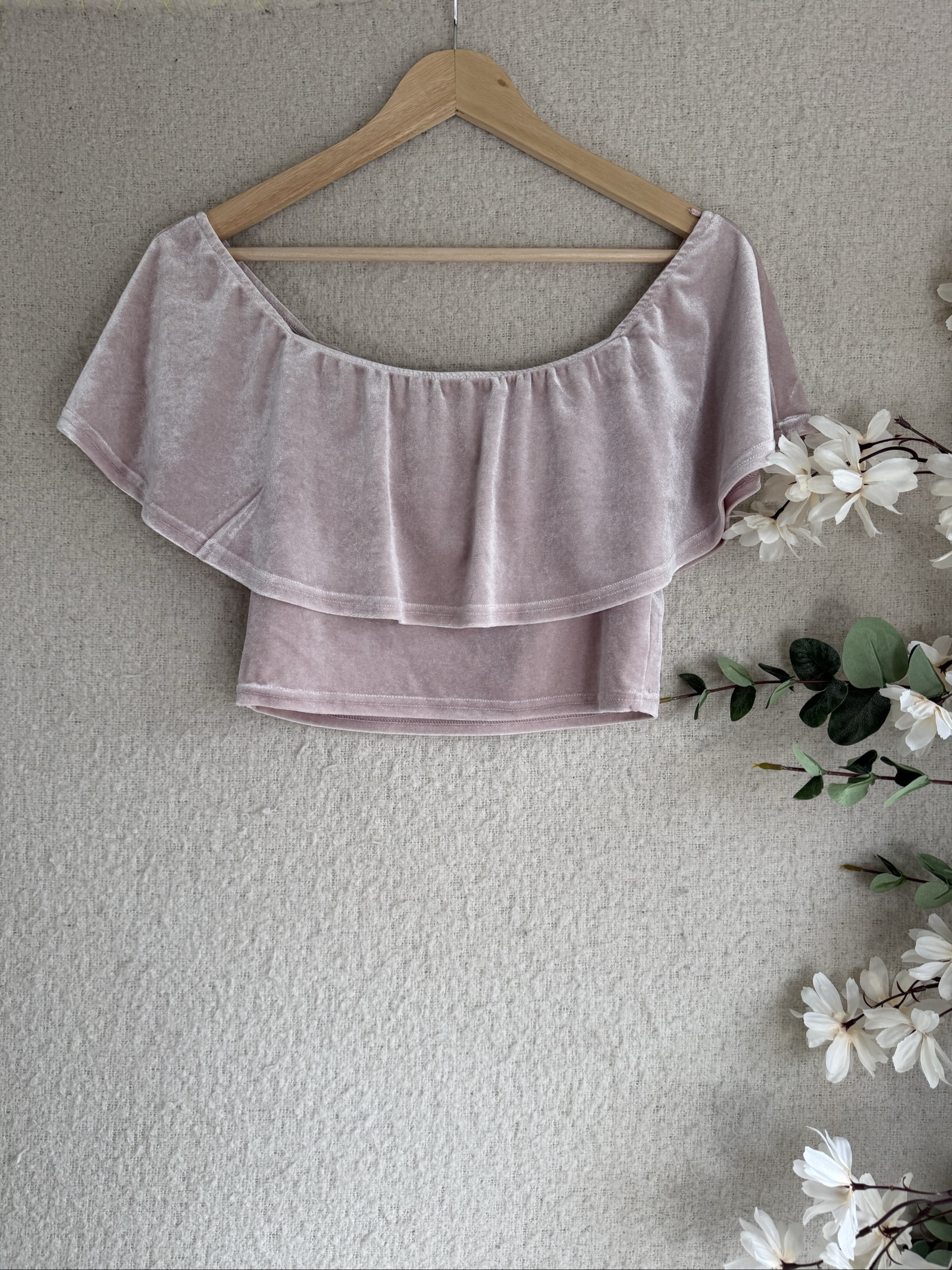 River Island Pink Velvet Off Shoulder Crop Top UK 12 Soft Chic Summer