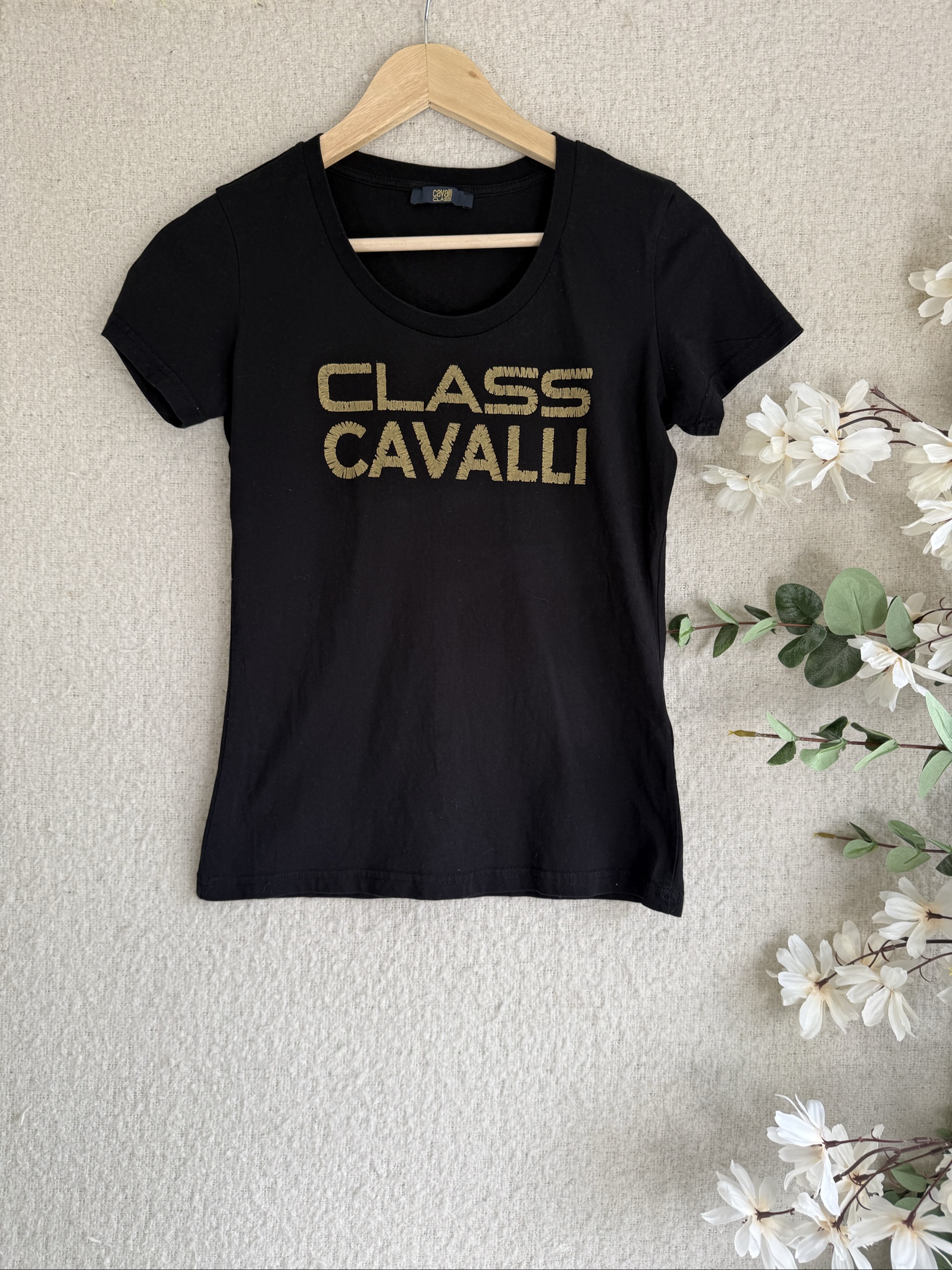 Class Cavalli Black Cotton T-Shirt Women's S Stylish Logo Casual Tee