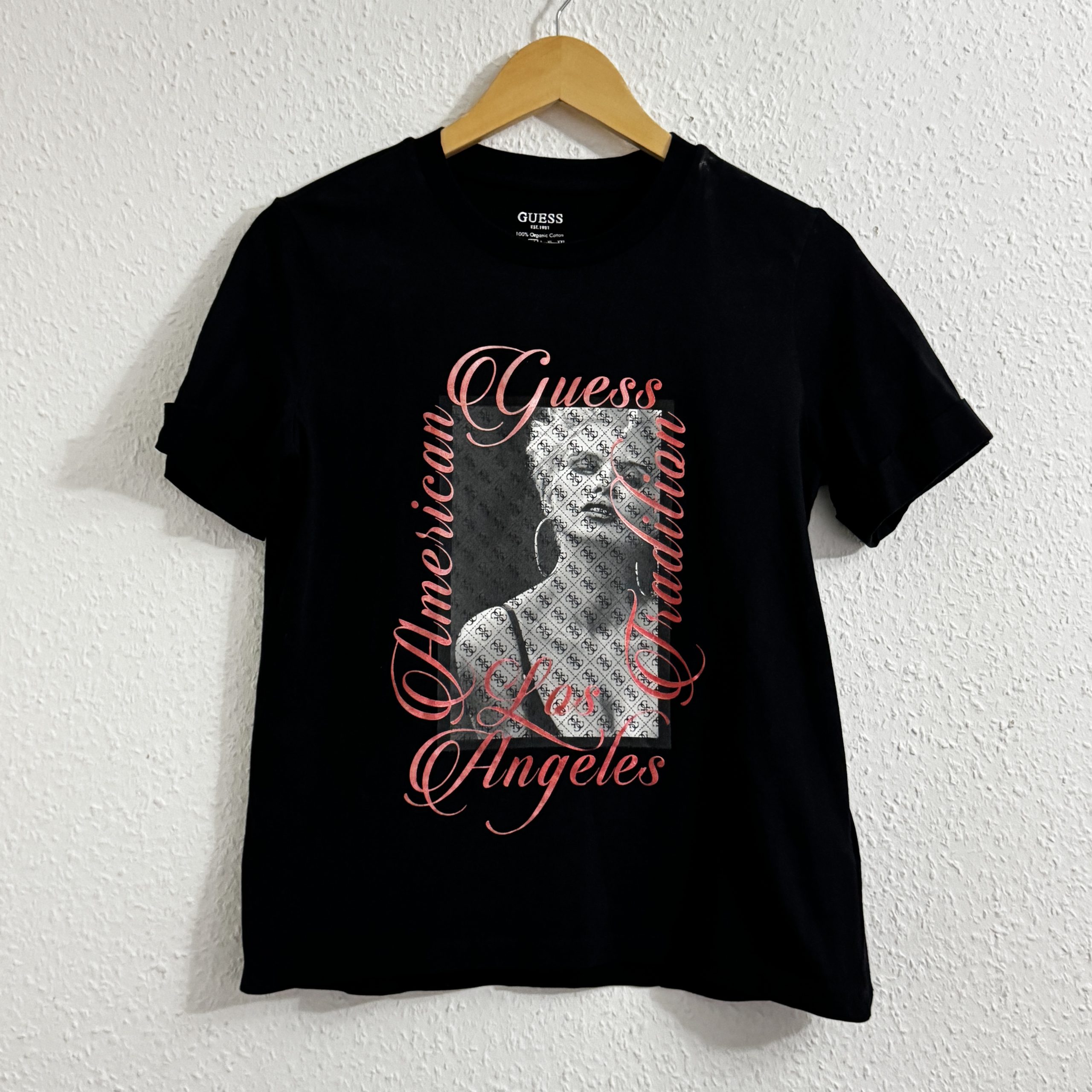 Guess Black Graphic T-Shirt Women M 100% Organic Cotton - 2208