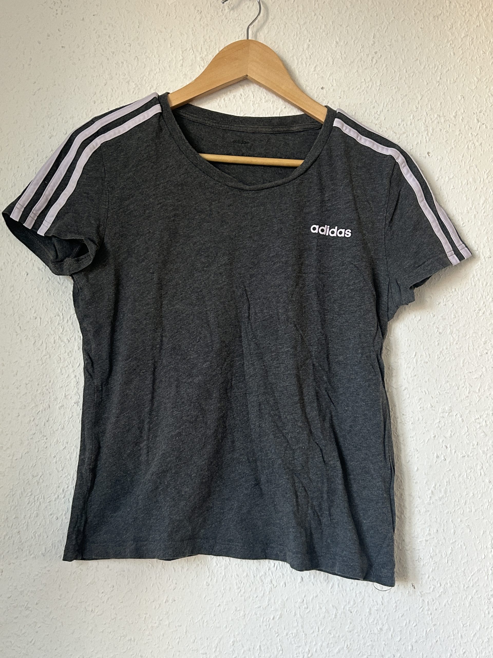 Adidas Charcoal Grey Sports T-Shirt M with Pink Shoulder Stripes - 2151
