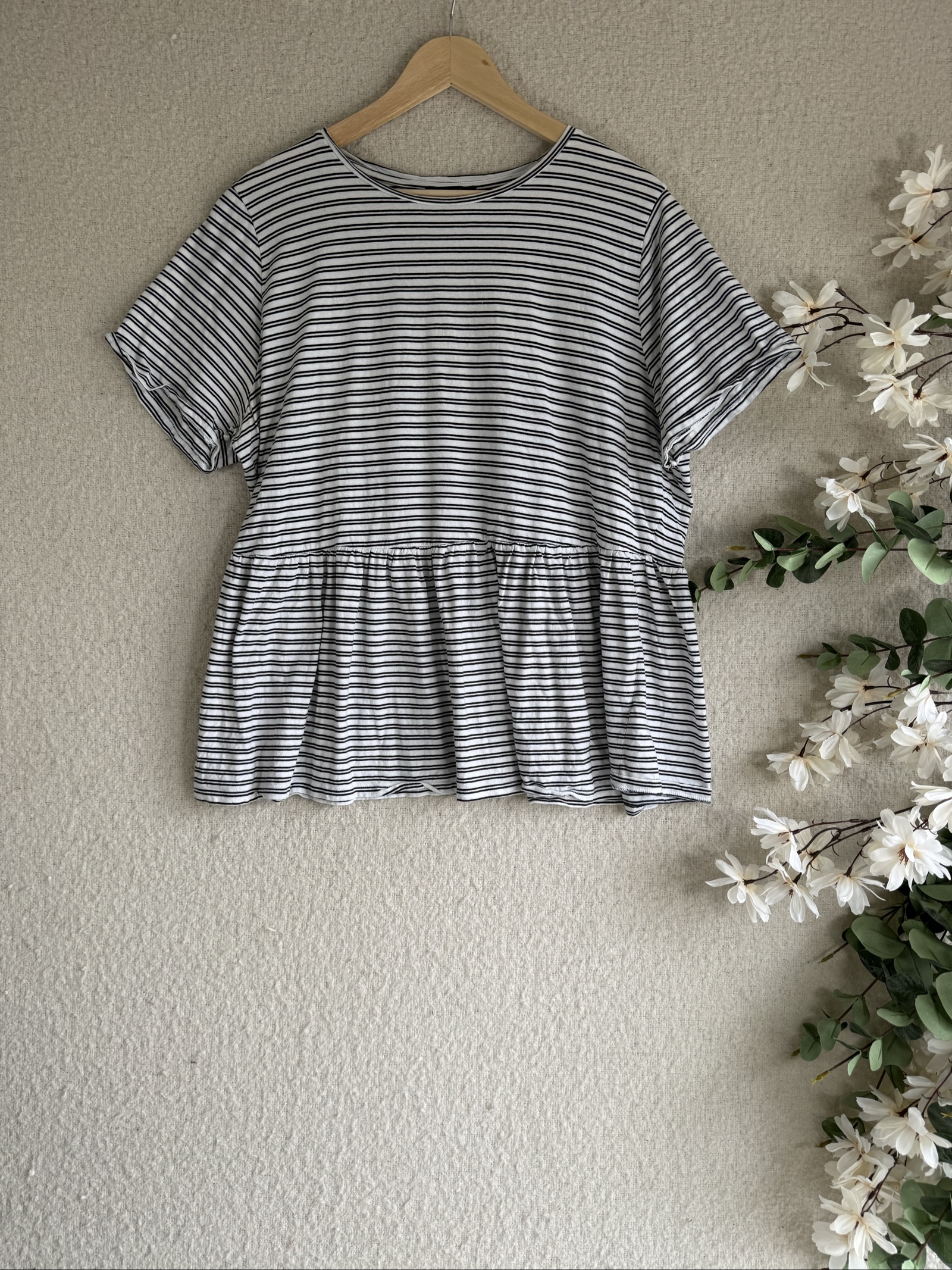 New Look Curves Black & White Striped Peplum Top Plus Size 22 EU 50
