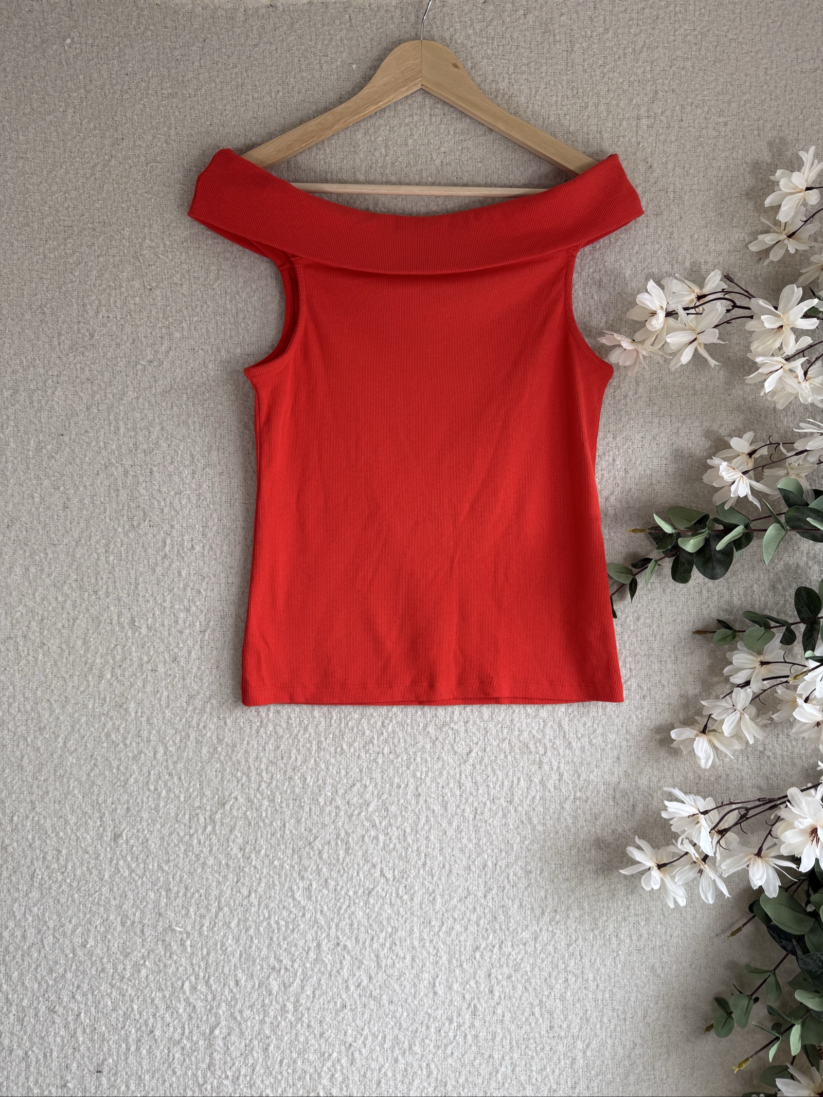 Papaya Red Off Shoulder Ribbed Top Size 14 Summer Casual Chic Style