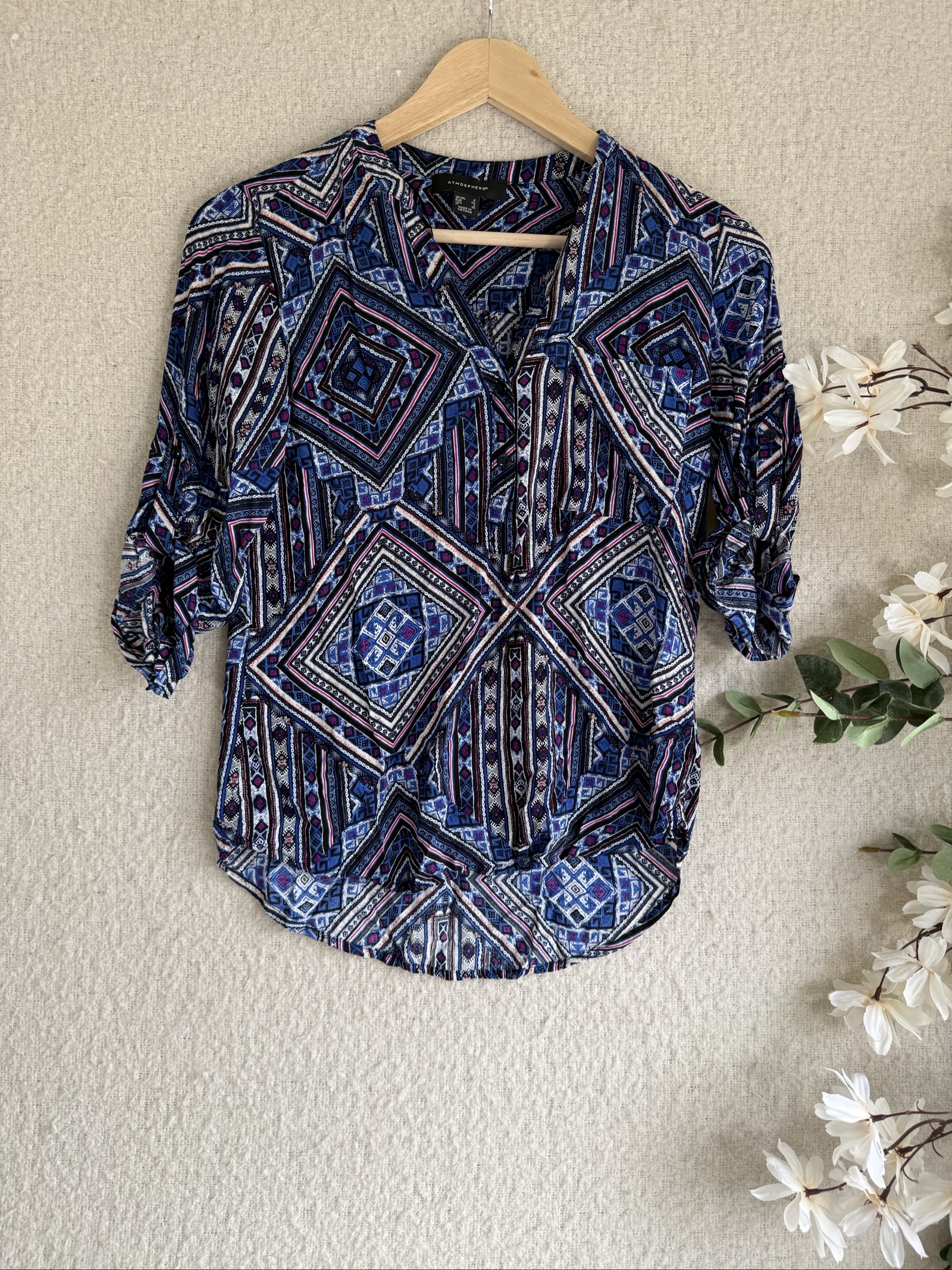 Atmosphere Blue & Purple Geometric Print Viscose Blouse Size 6 Stylish Casual