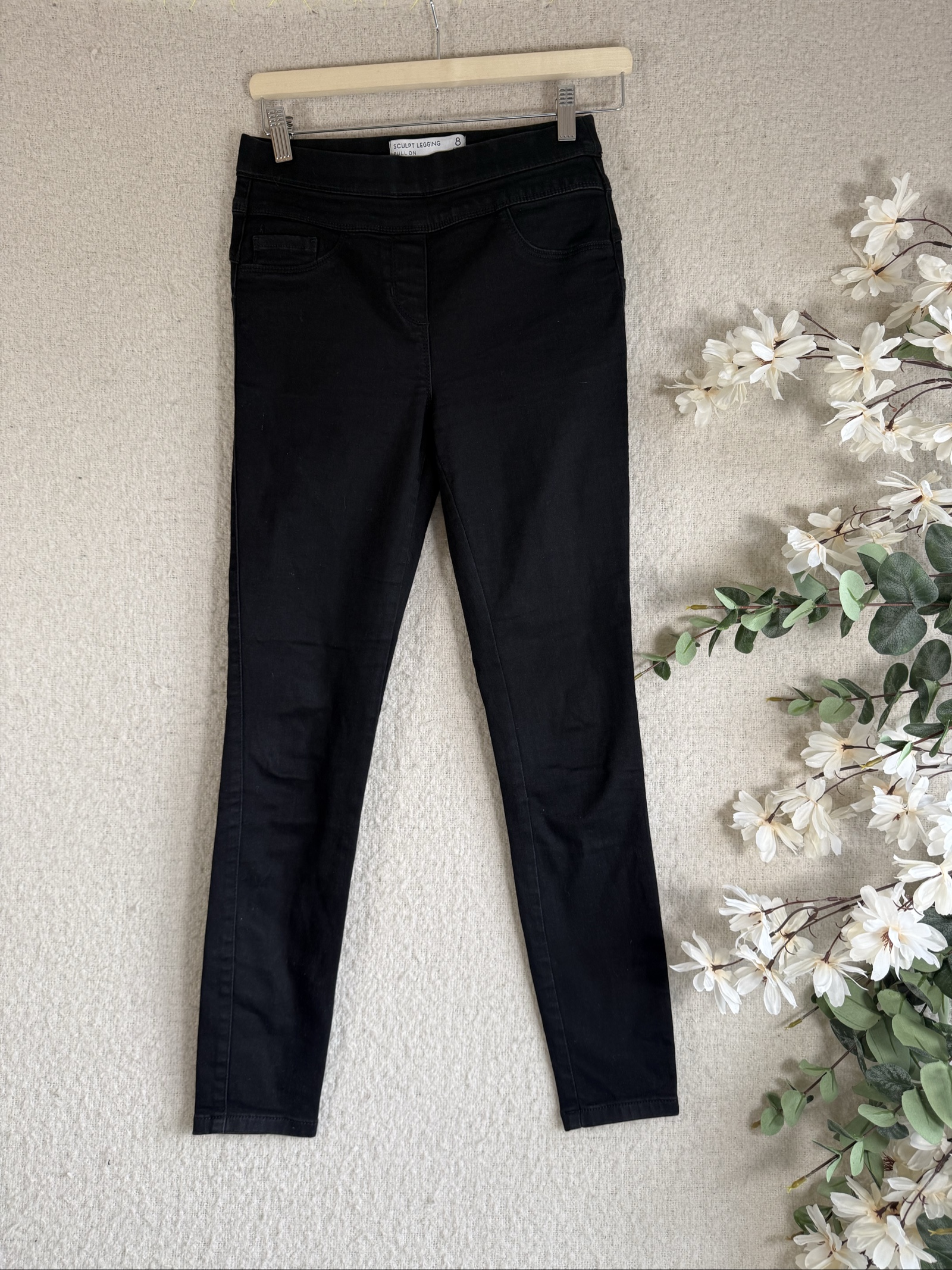 Next Black Sculpt Legging Pull On Regular Size 8 Women Stretch Slim Fit Jeans