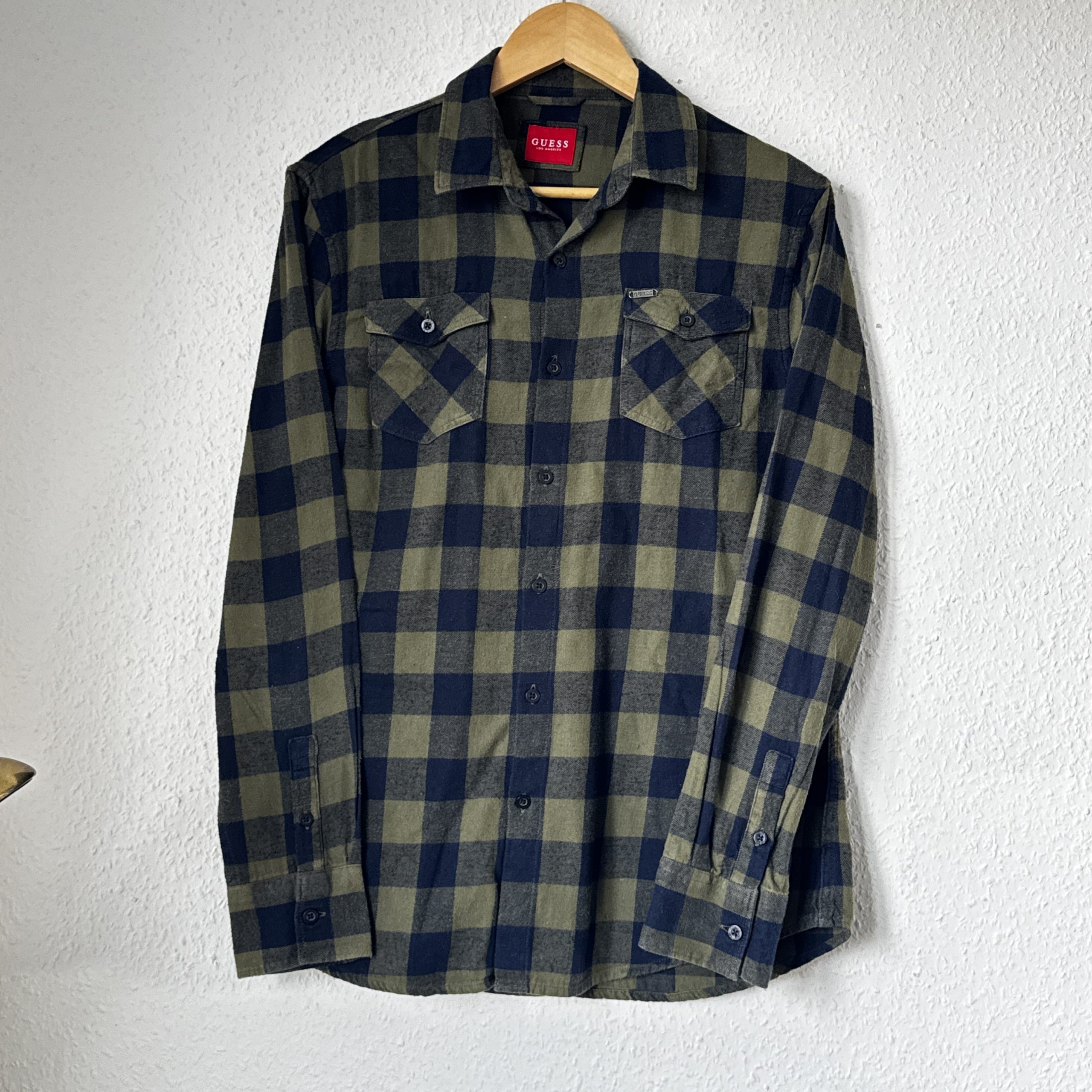 Guess Olive & Navy Checked Shirt L Men's Long Sleeve