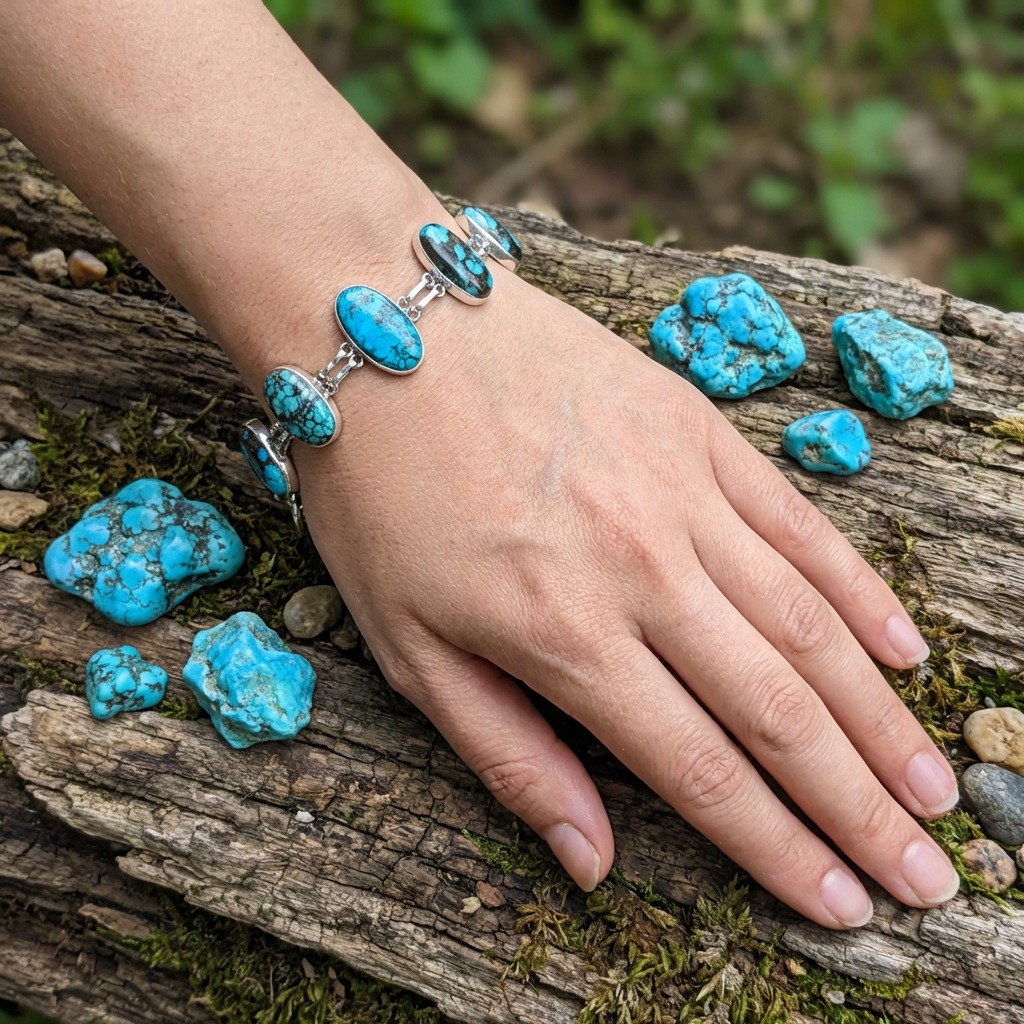 Turquoise Stone Silver Link Bracelet Blue Natural Gemstone