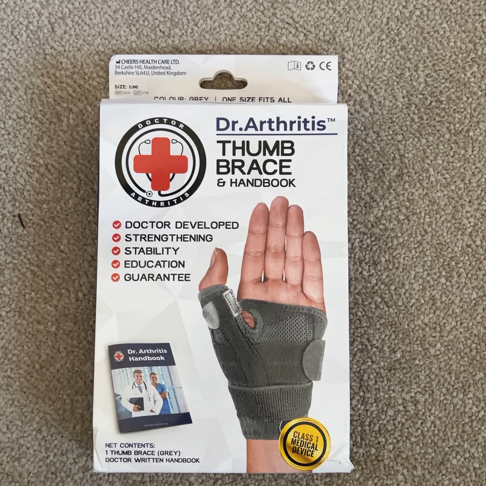 Dr. Arthritis Grey Thumb Brace One Size Fits All Support