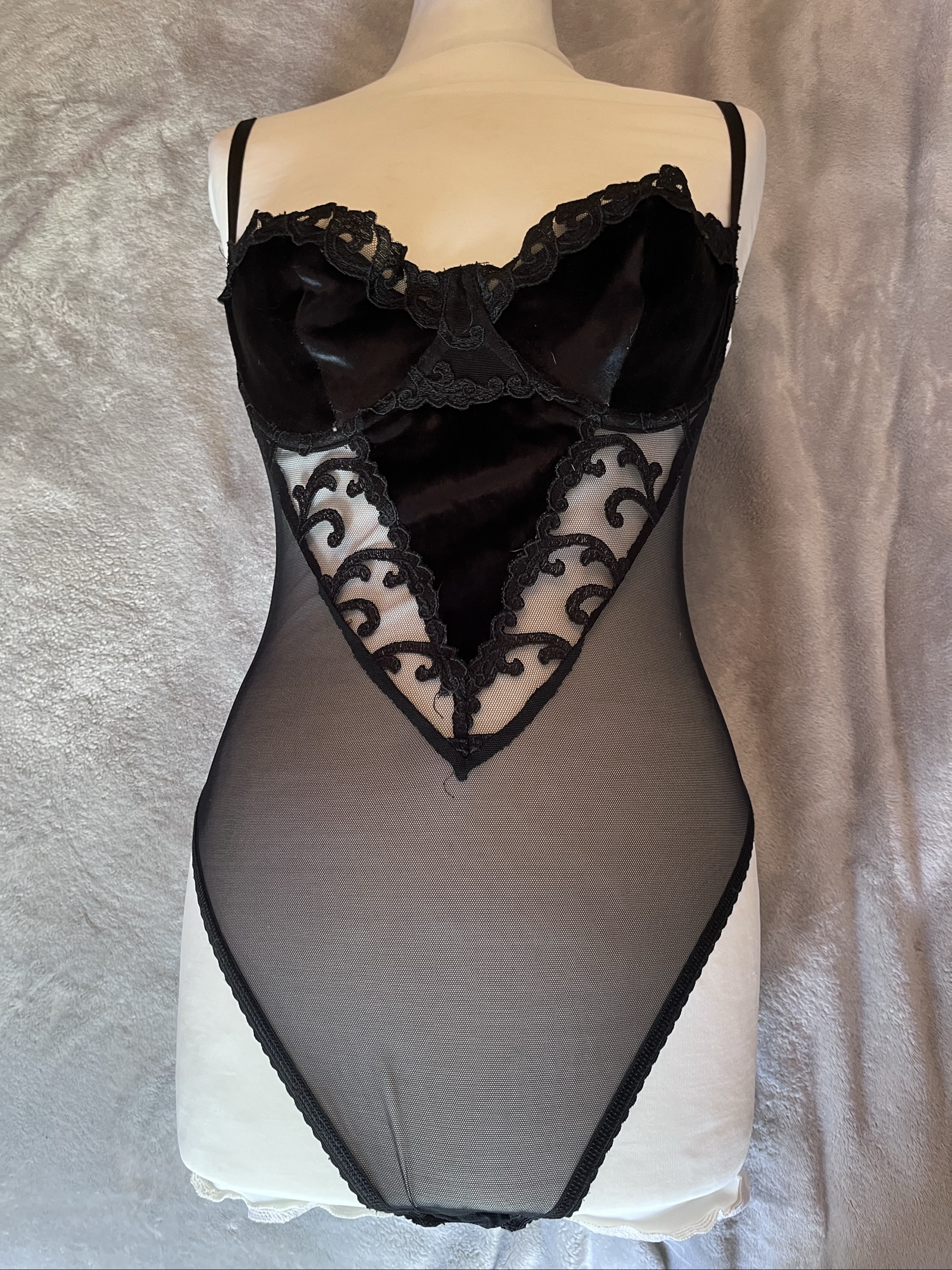 Black Lace & Velvet Mesh Bodysuit Women vintage M&S Sheer Detail 36B