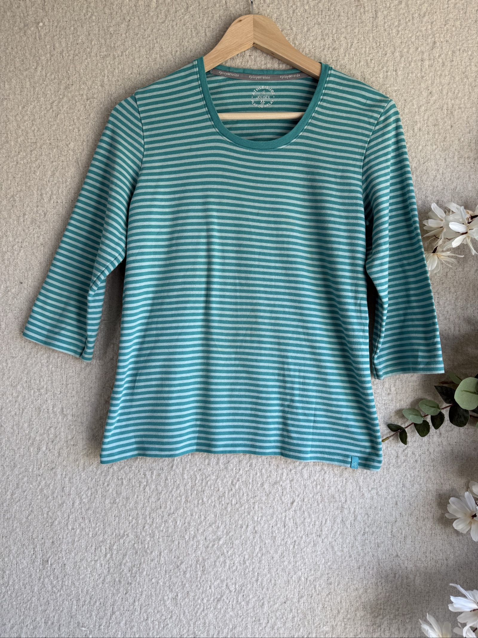 Jockey Teal & White Stripe Cotton 3/4 Sleeve Top XL Relaxed Fit Casual