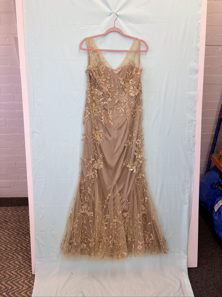 Ariella London gold beaded lace long dress in size UK 14.