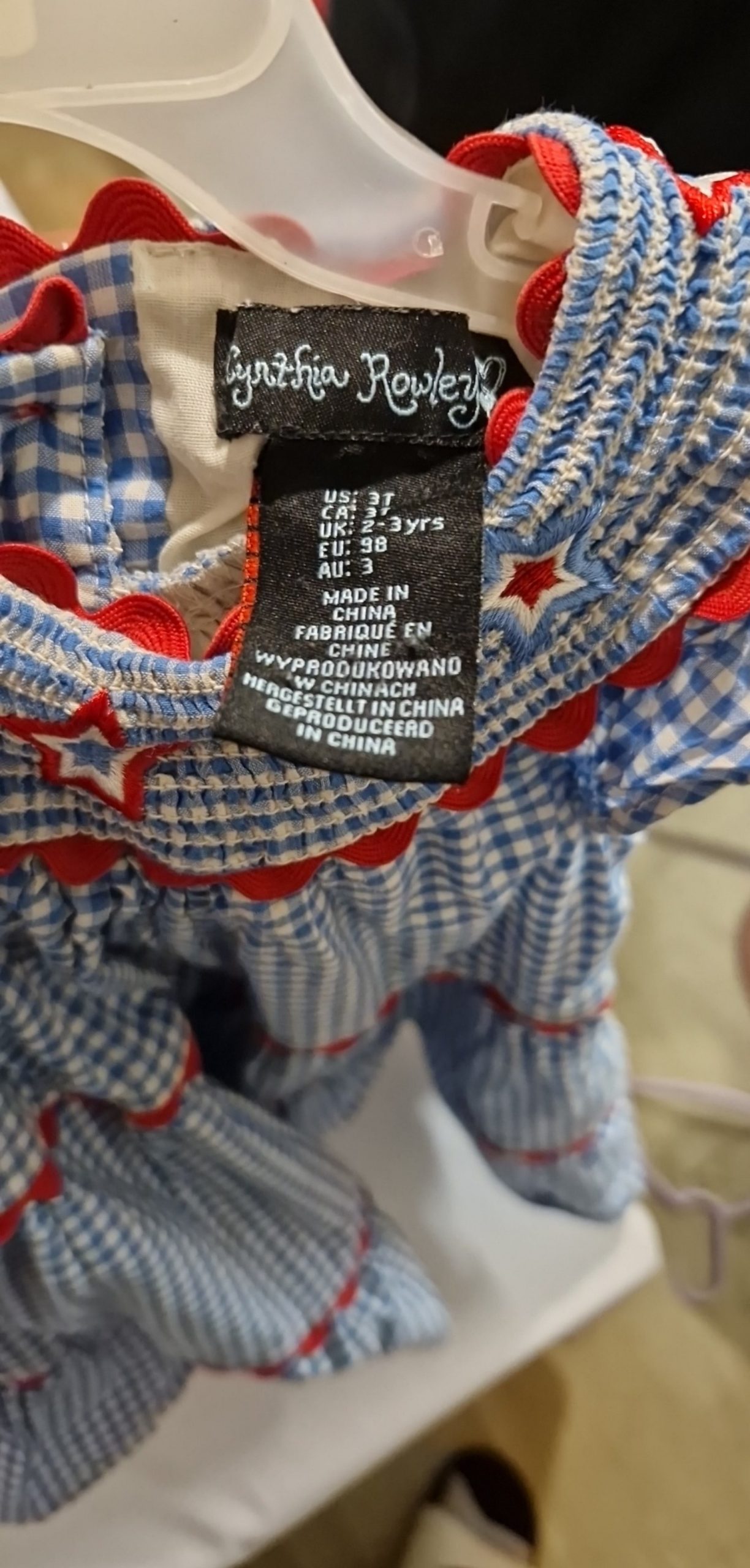 Synthia Rowley Blue & White Checked Baby Dress UK 2-3 Years