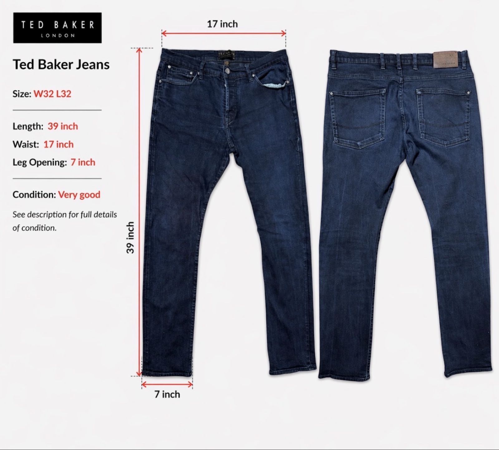 Ted Baker Dark Blue Slim Fit Stretch Denim Jeans 32 image 9