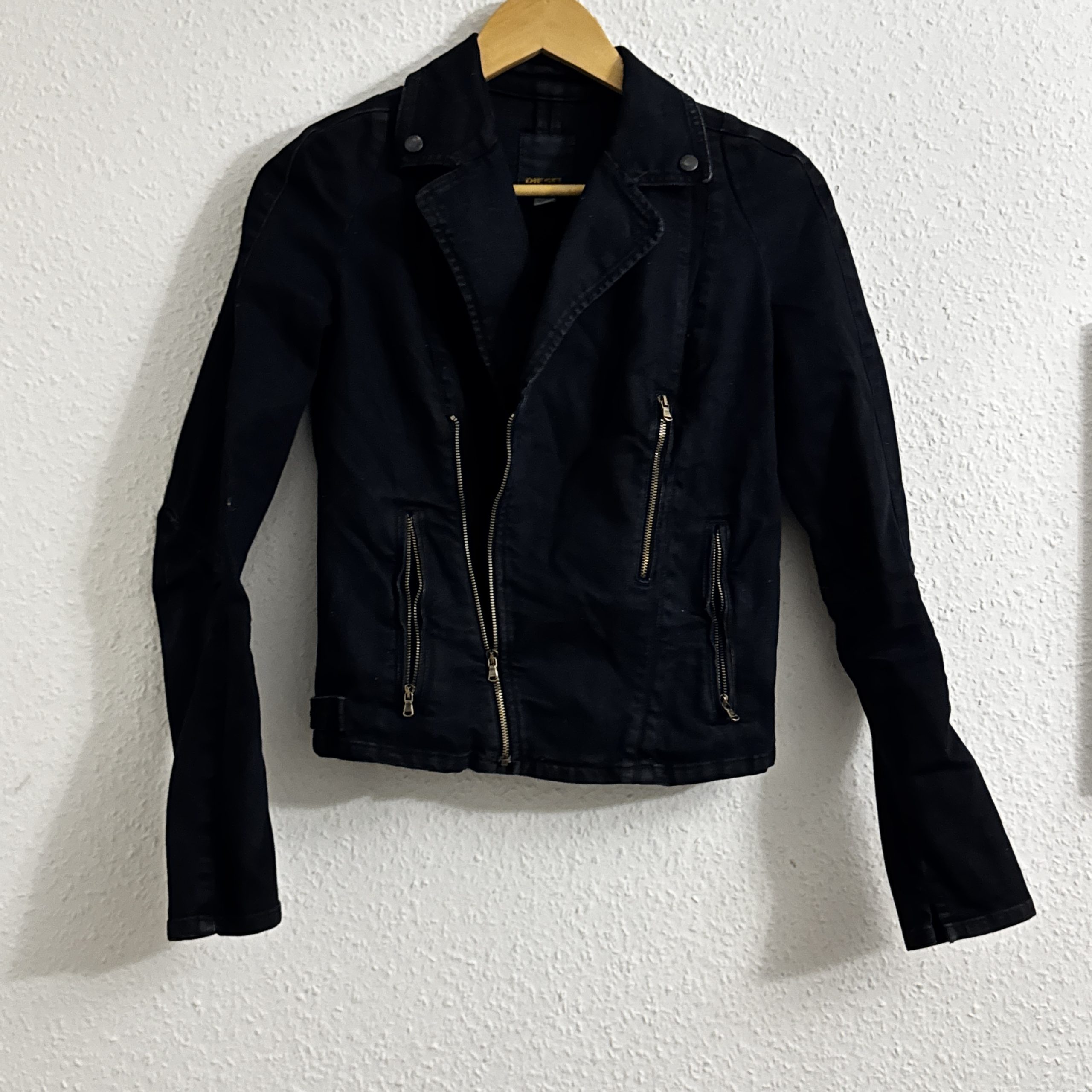 Diesel Black Cotton Biker Jacket XS Zip Pockets 2240