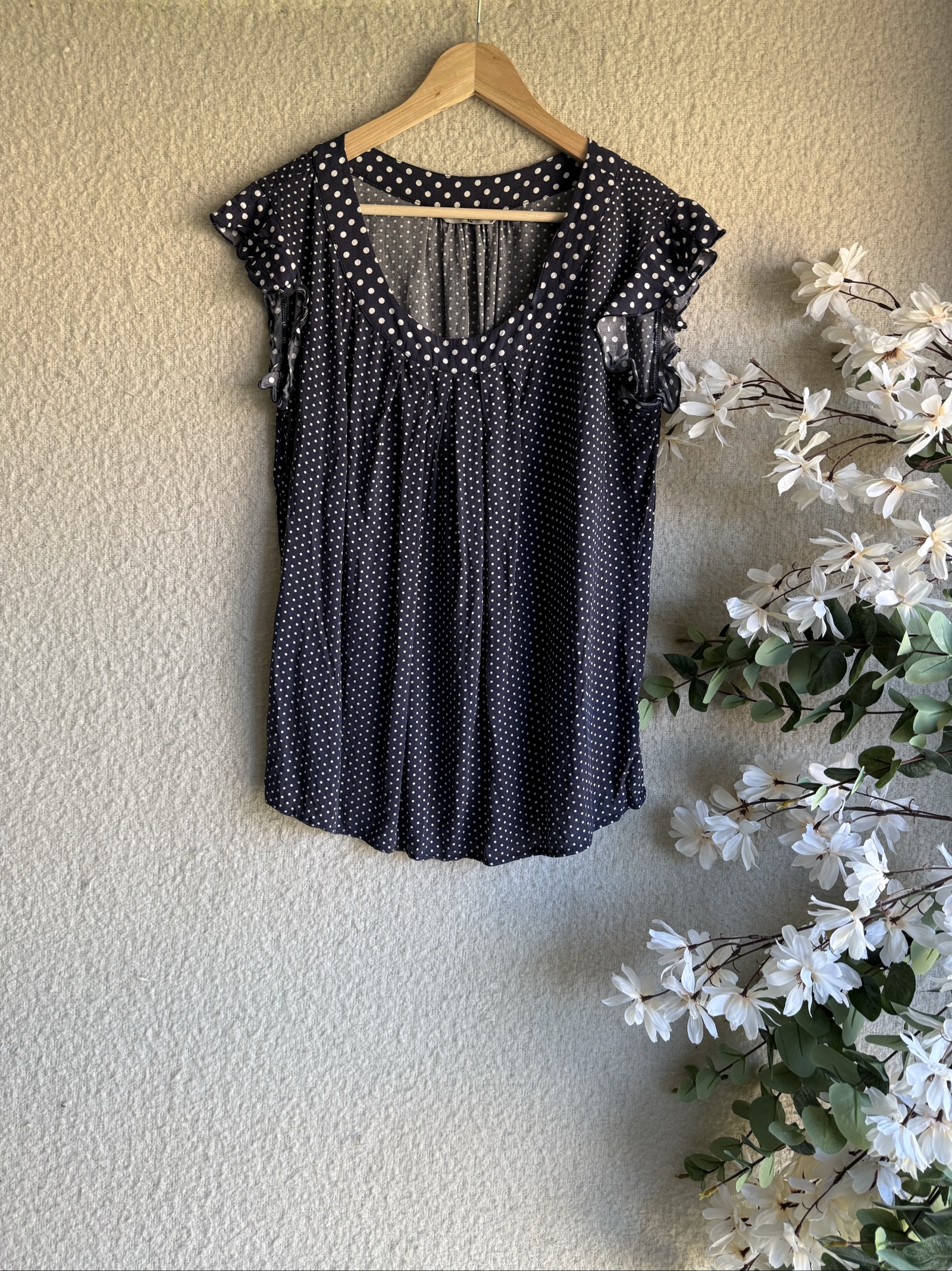 Tu Black & White Polka Dot Cap Sleeve Top UK 16 Elegant Summer Blouse