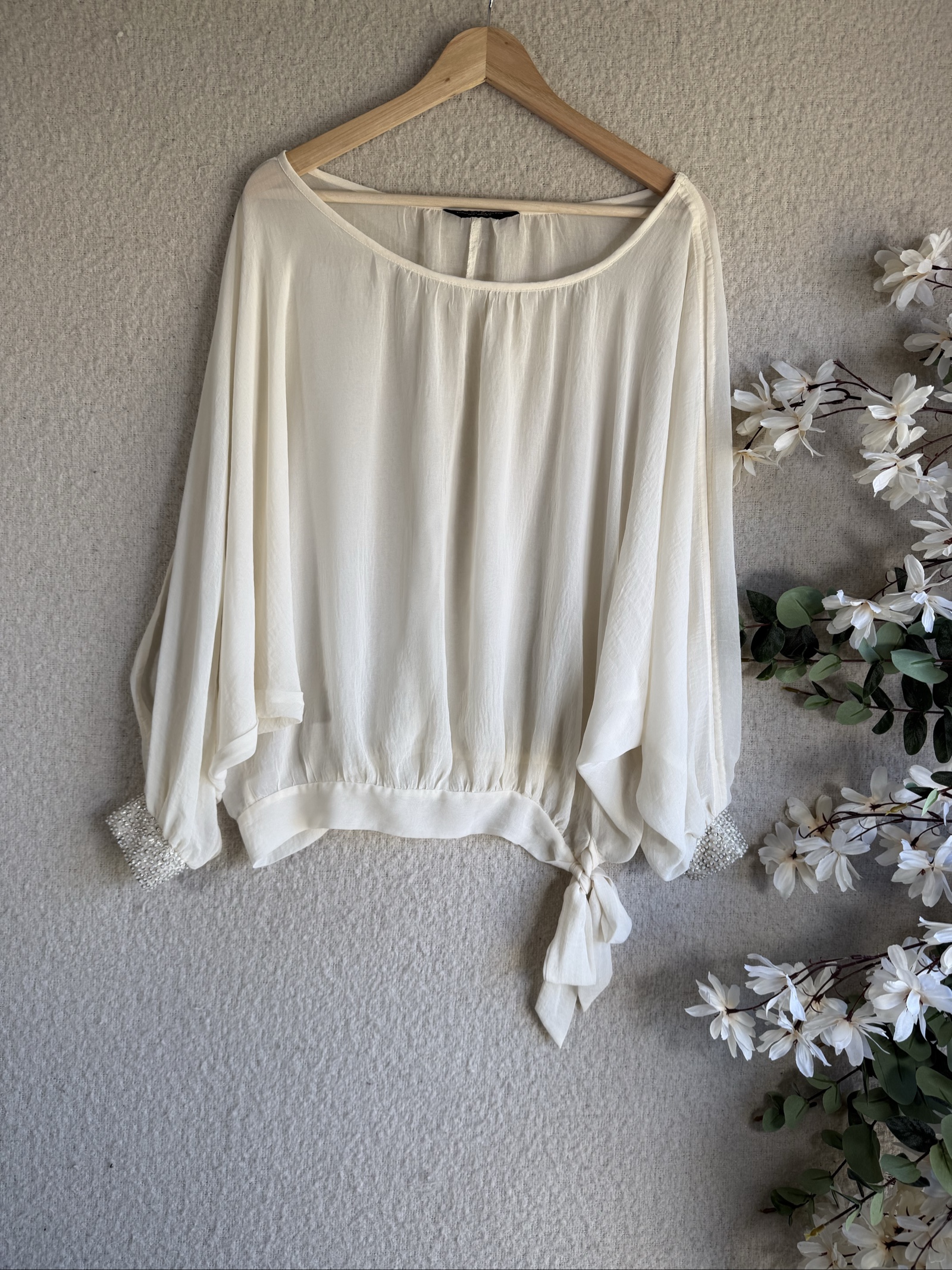 Dorothy Perkins White Sheer Beaded Cuff Tie Hem Blouse UK 10 Elegant Style