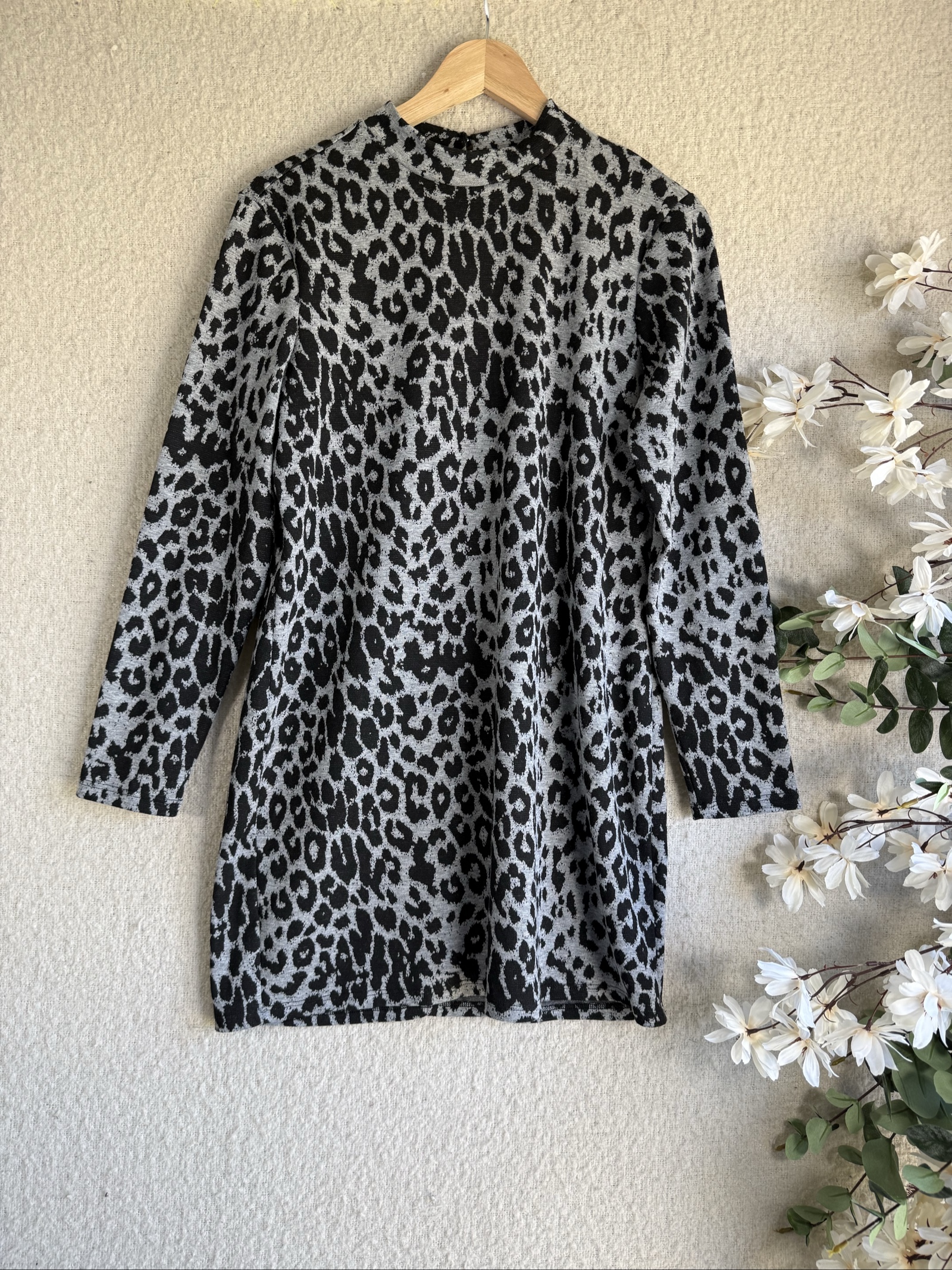 New Look Grey & Black Leopard Print Shift Dress Size 14 Long Sleeve Chic