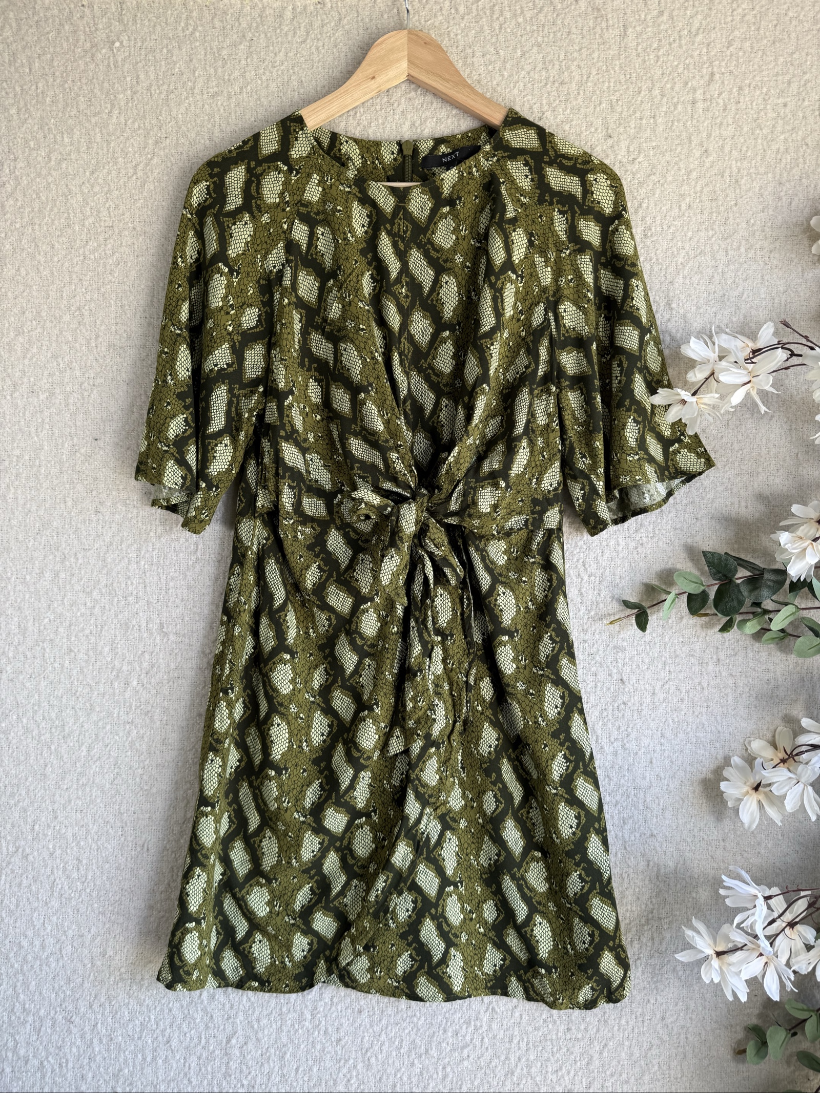 Next Green Snake Print Tie Front Midi Dress Size 10 Snakeskin Pattern