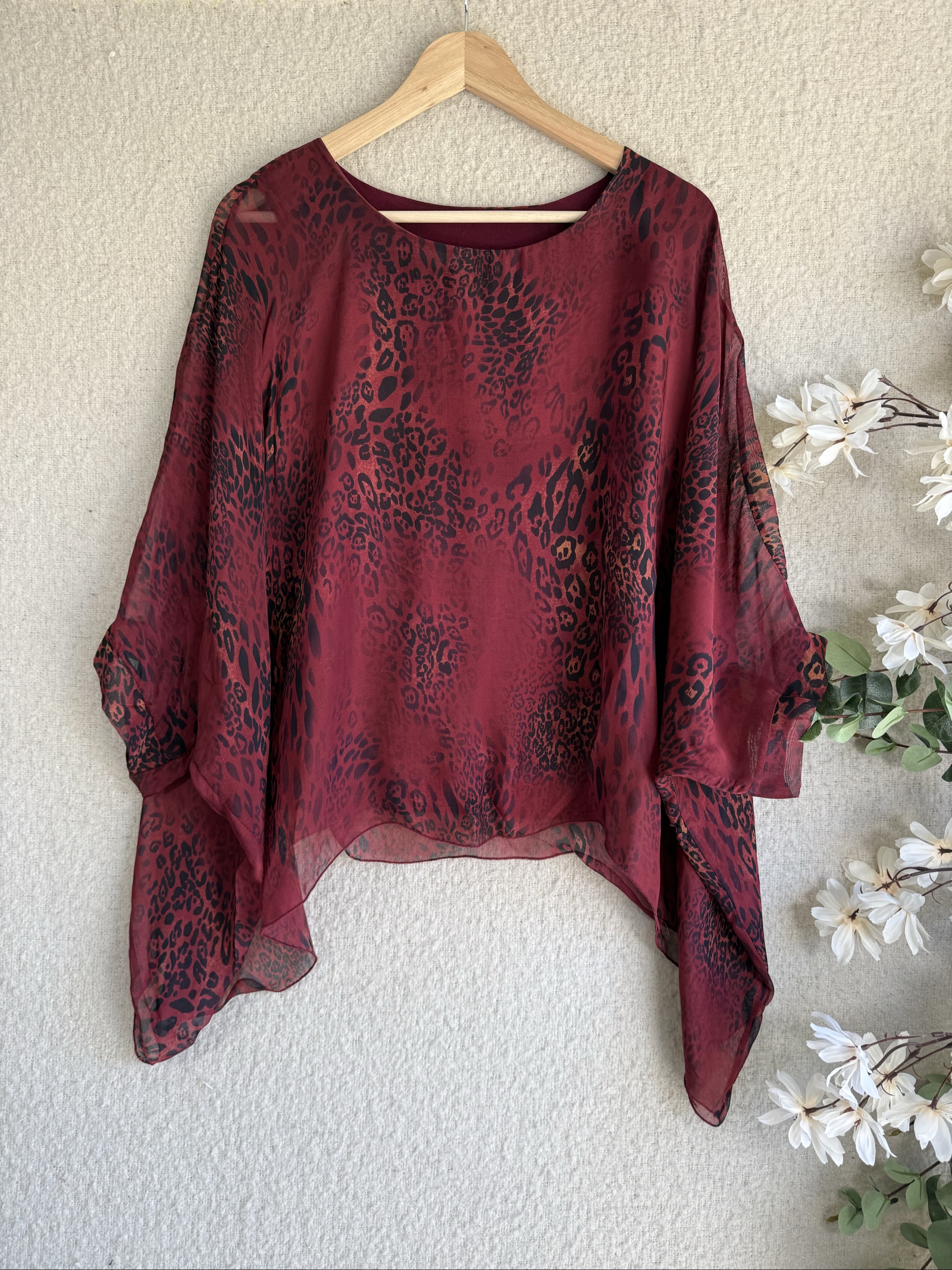 Sarah Tempest Burgundy & Black Animal Print Sheer Overlay Blouse One Size Stylish Chic
